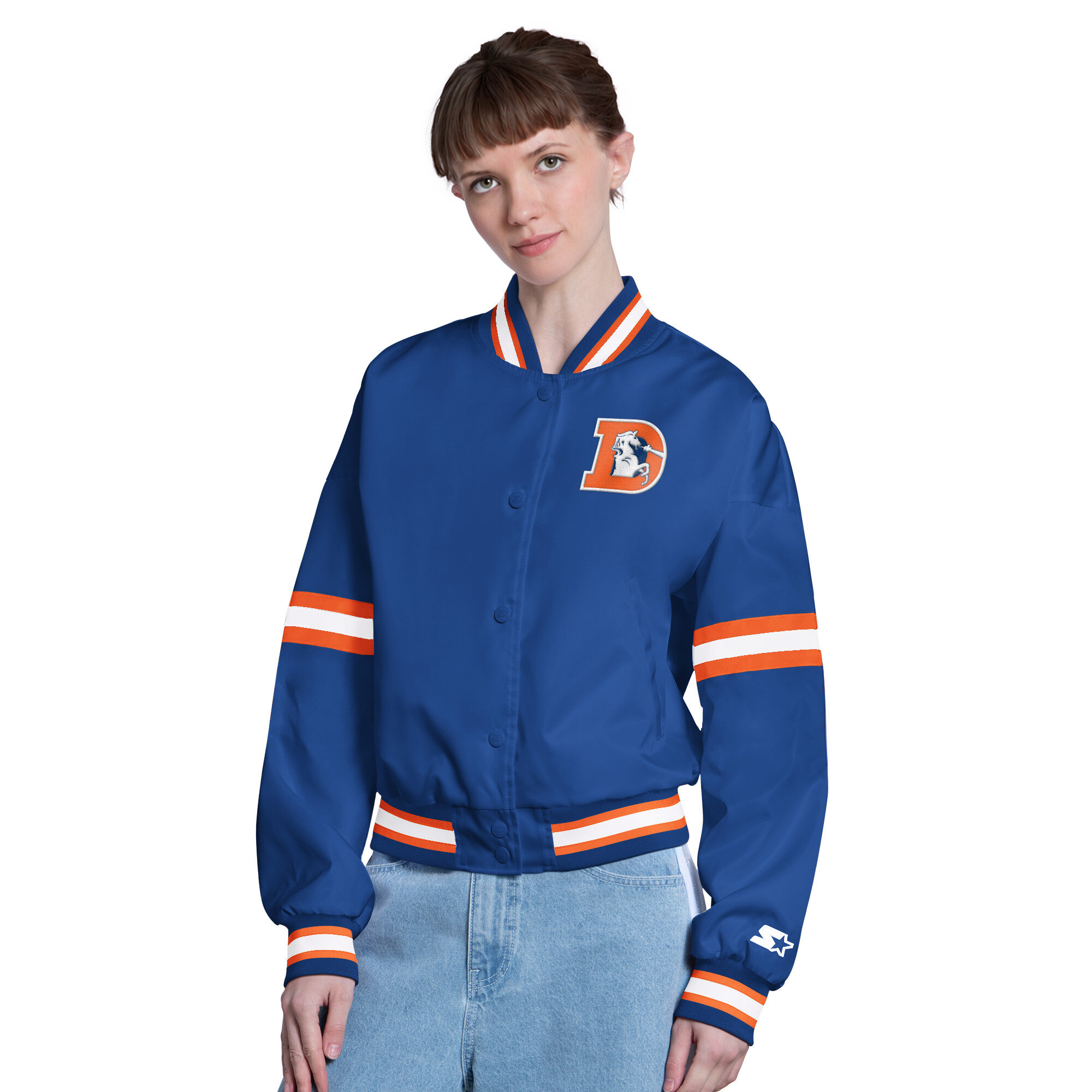 Women's Starter Royal Denver Broncos Satin Varsity Full-Snap Jacket