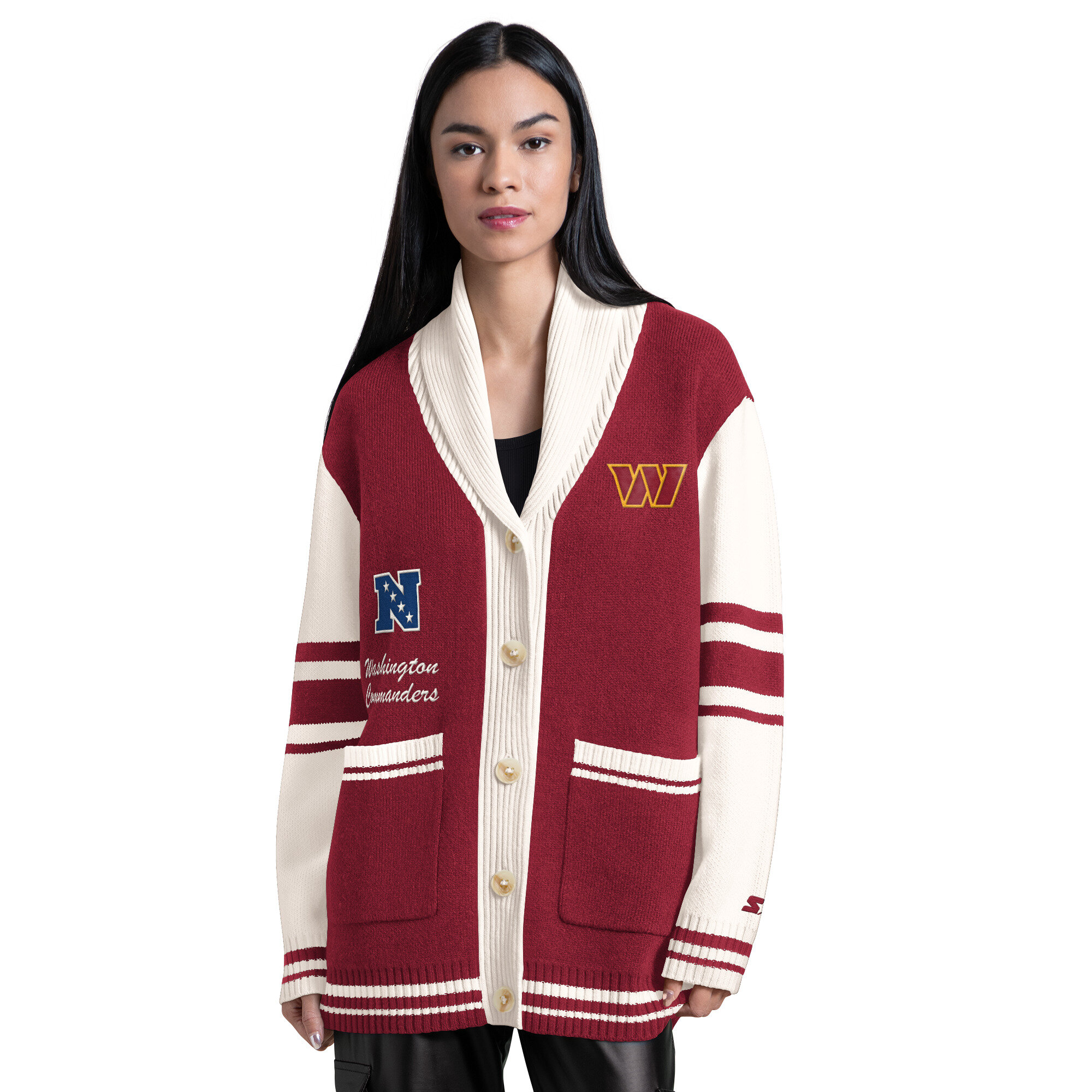 Women's Starter Burgundy Washington Commanders Strike Zone Shawl-Collar Button-Up Cardigan
