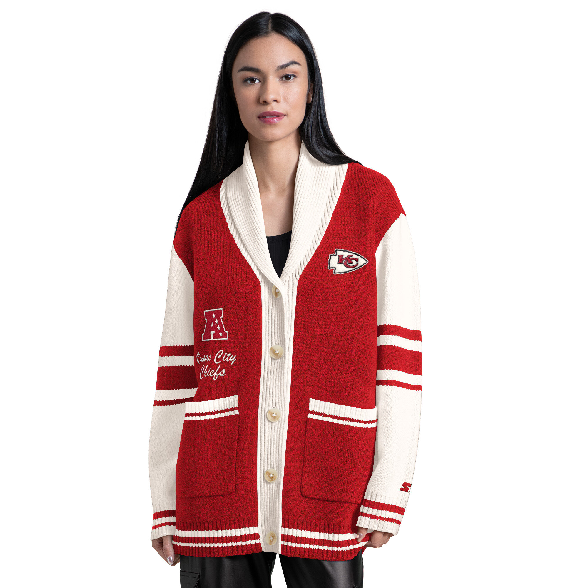 Women's Starter Red Kansas City Chiefs Strike Zone Shawl-Collar Button-Up Cardigan
