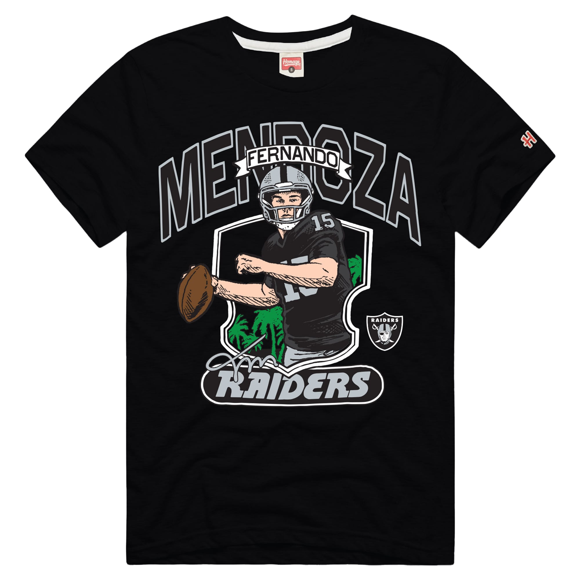 T-shirt unisex nera in tessuto tri-blend con caricatura del giocatore dei Las Vegas Raiders Fernando Mendoza in omaggio.