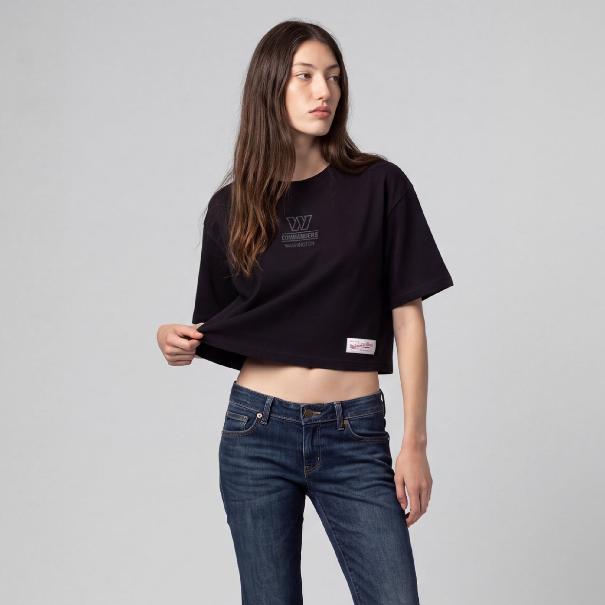 Women's Mitchell & Ness Black Washington Commanders Core Essentials Micro Logo Boxy Crop T-Shirt