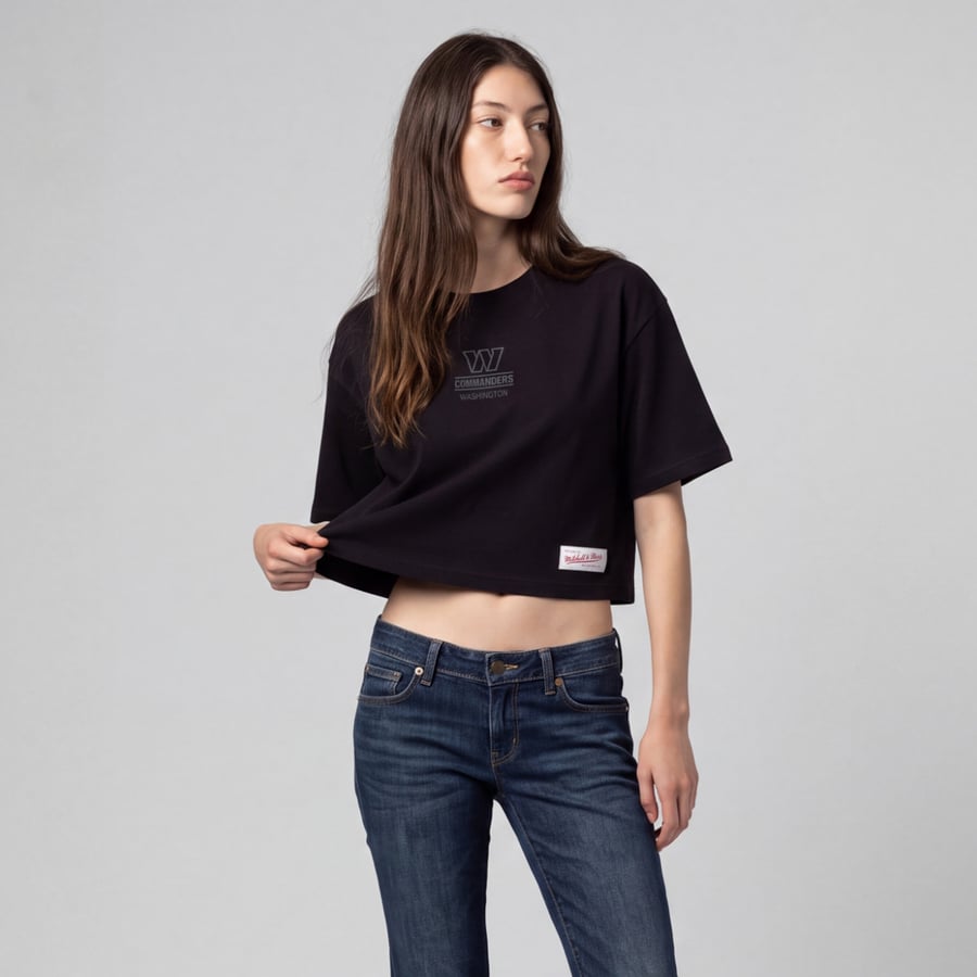 Women's Mitchell & Ness Black Washington Commanders Core Essentials Micro Logo Boxy Crop T-Shirt