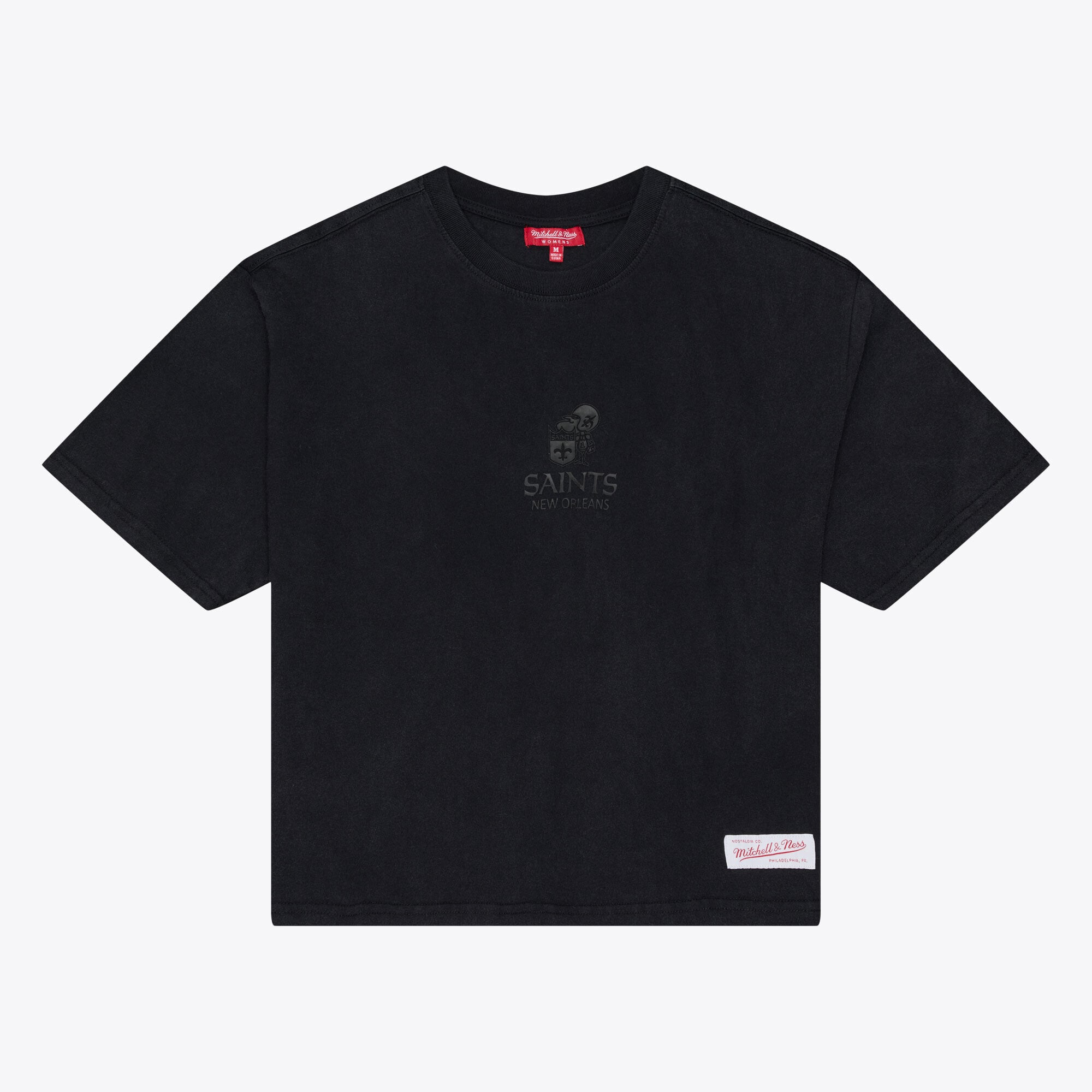 Women’s Mitchell & Ness Black New Orleans Saints Core Essentials Micro Logo Boxy Crop T-Shirt Women’s Mitchell & Ness Black New Orleans Saints Core Essentials Micro Logo Boxy Crop T-Shirt