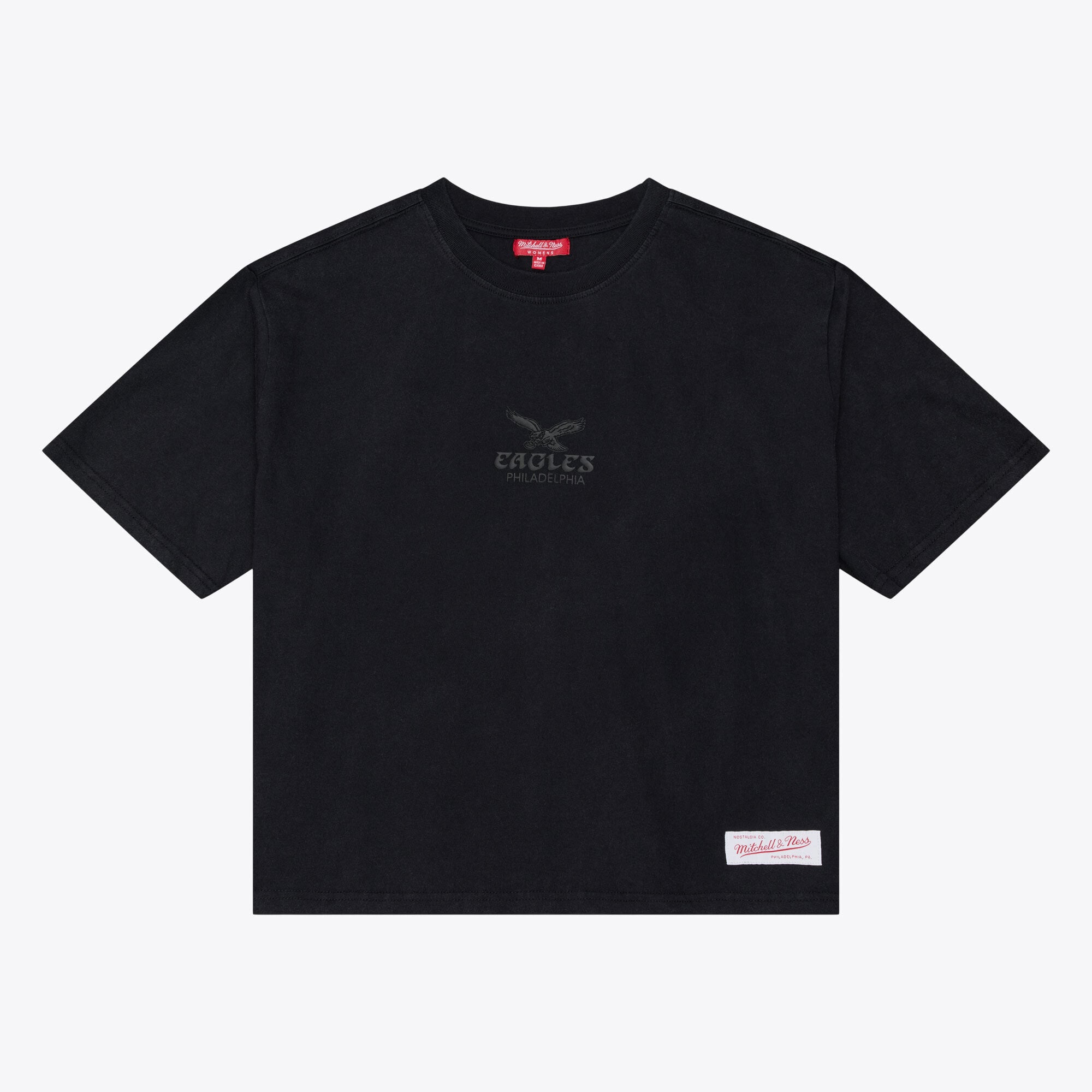 T-shirt court à logo micro noir Mitchell & Ness pour femme, motif Philadelphia Eagles Core Essentials.