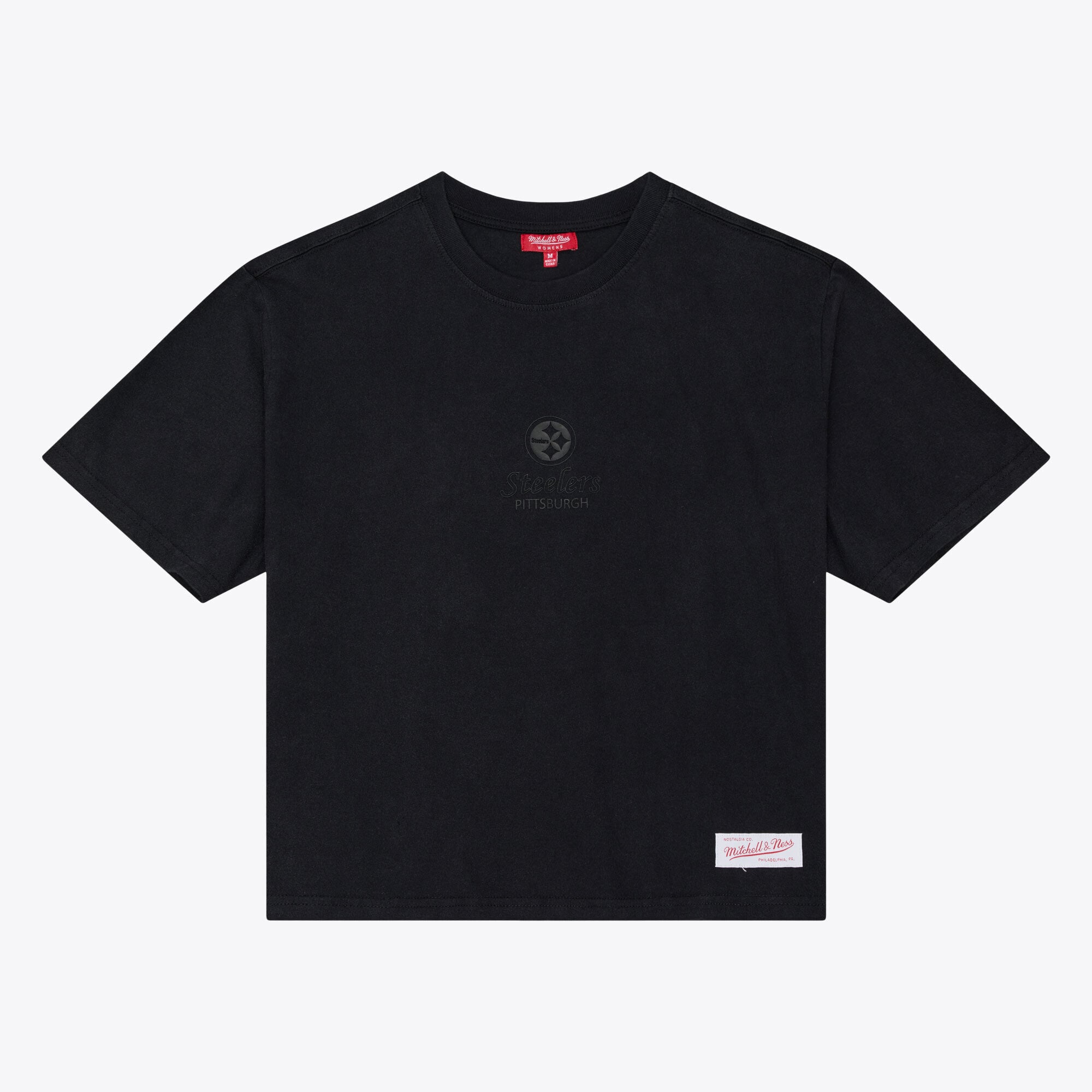 Women’s Mitchell & Ness Black Pittsburgh Steelers Core Essentials Micro Logo Boxy Crop T-Shirt Women’s Mitchell & Ness Black Pittsburgh Steelers Core Essentials Micro Logo Boxy Crop T-Shirt