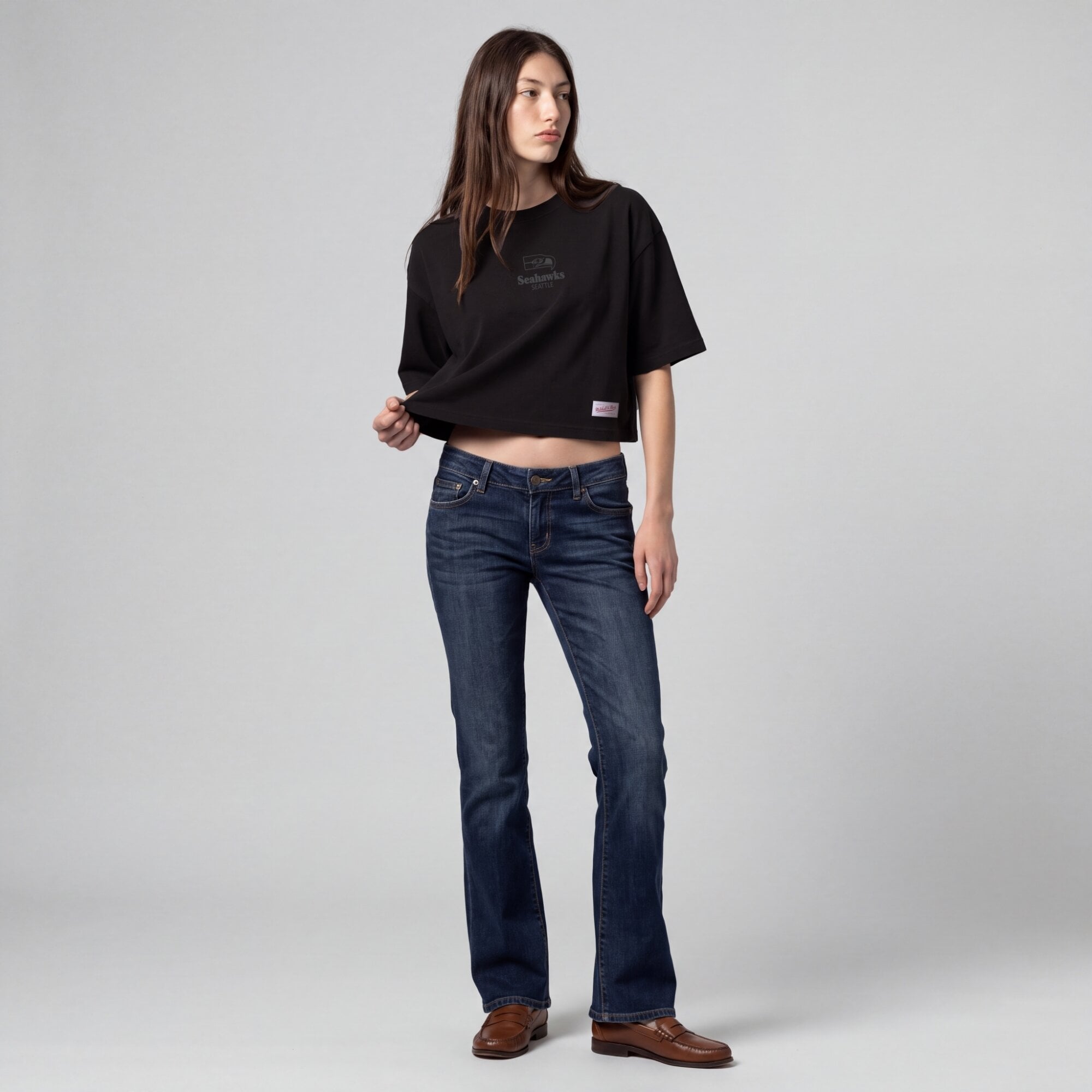 Women's Mitchell & Ness Black Seattle Seahawks Core Essentials Micro Logo Boxy Crop T-Shirt