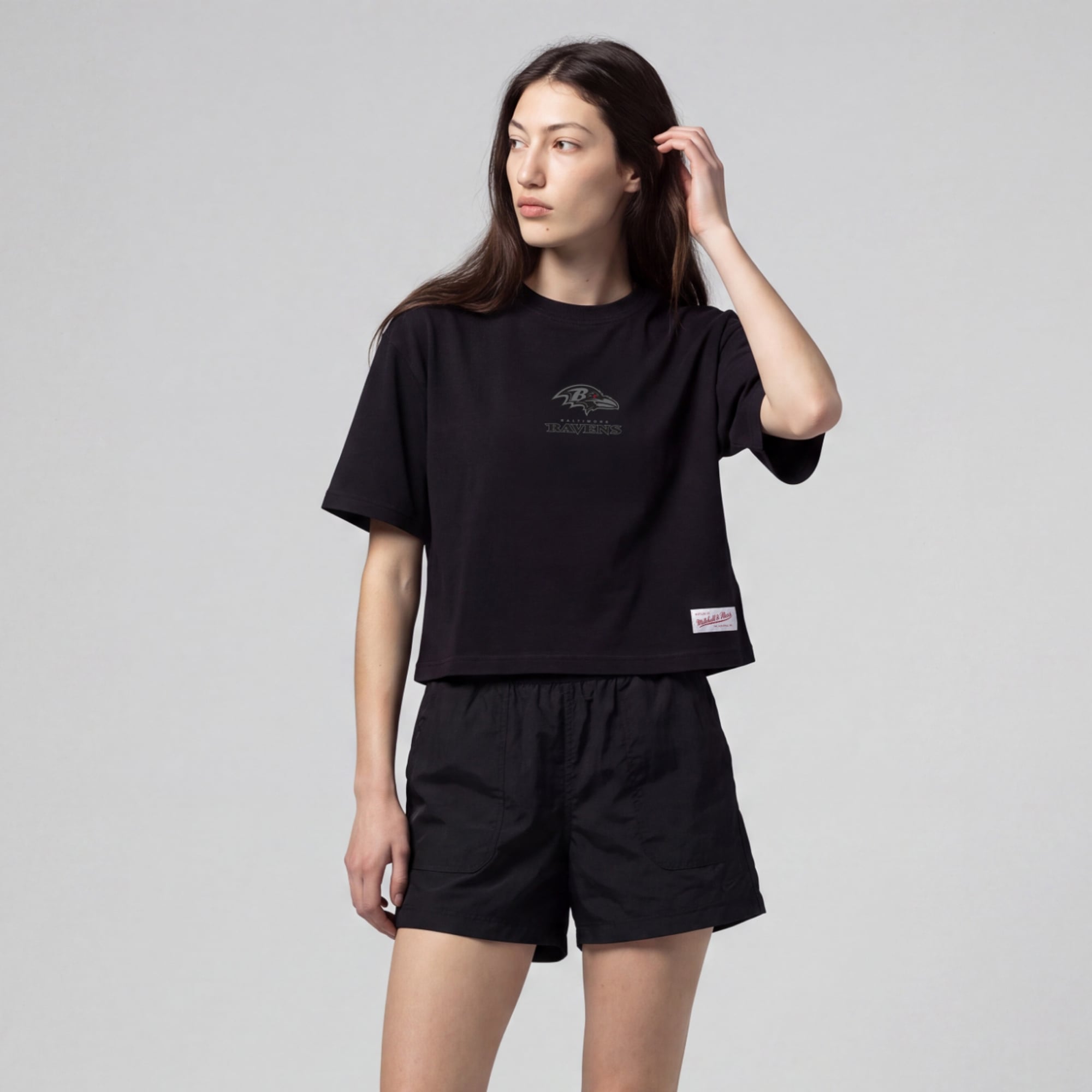 Women's Mitchell & Ness Black Baltimore Ravens Core Essentials Micro Logo Boxy Crop T-Shirt