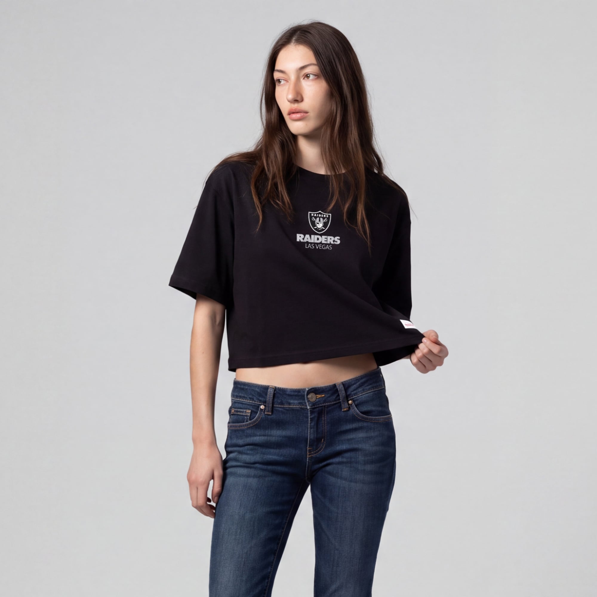 Women's Mitchell & Ness Black Las Vegas Raiders Core Essentials Micro Logo Boxy Crop T-Shirt