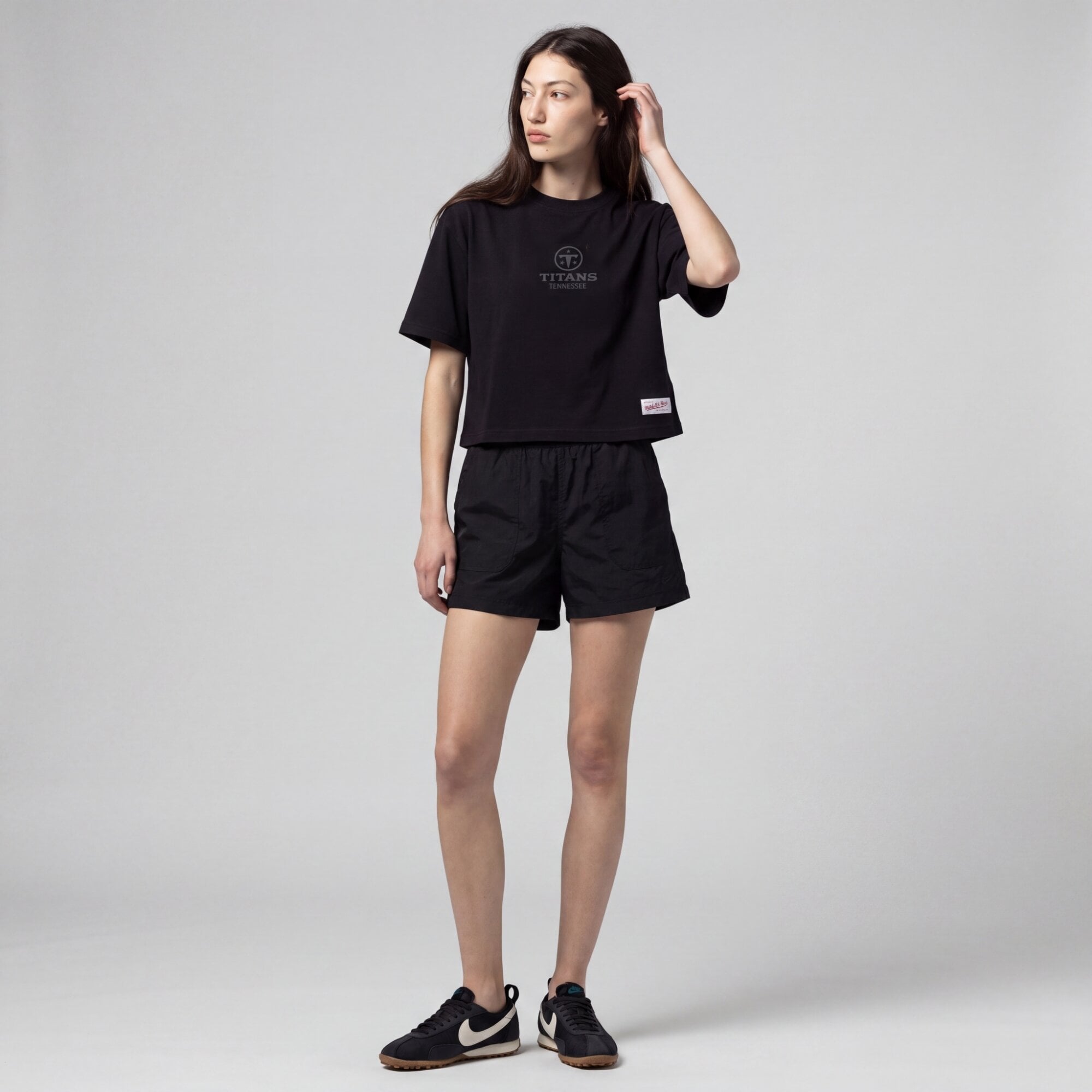 Women's Mitchell & Ness Black Tennessee Titans Core Essentials Micro Logo Boxy Crop T-Shirt