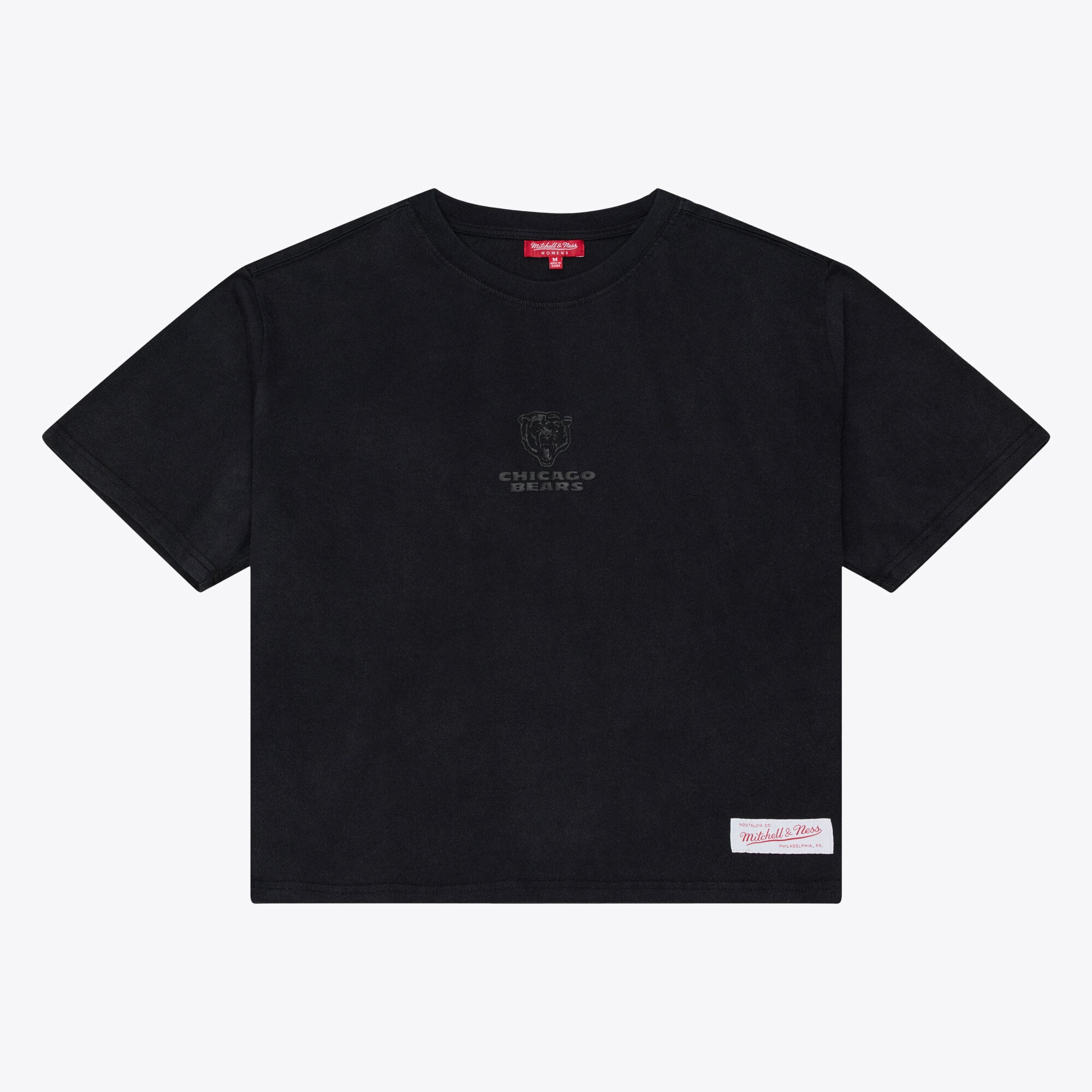 T-shirt court à logo micro Mitchell & Ness Core Essentials noir pour femme, Chicago Bears.