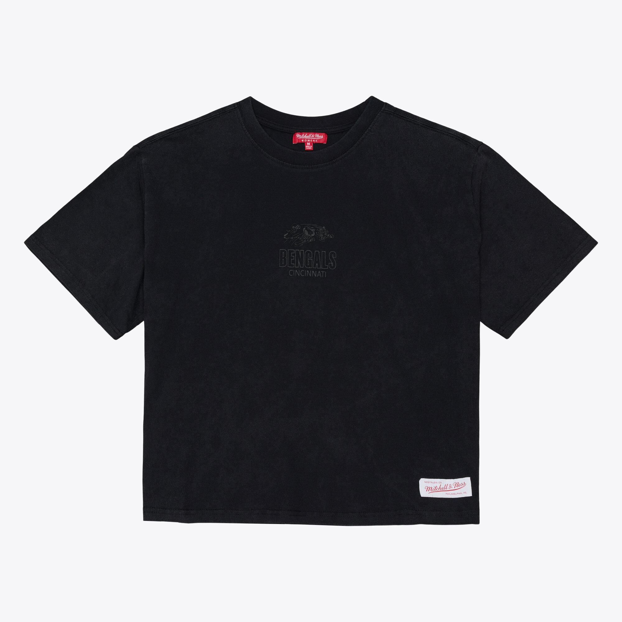 Women's Mitchell & Ness Black Cincinnati Bengals Core Essentials Micro Logo Boxy Crop T-Shirt