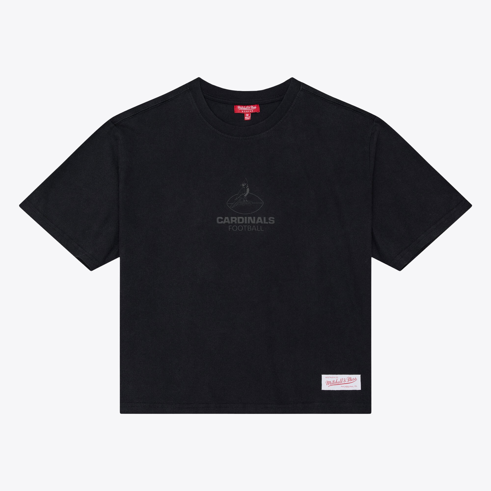 Women's Mitchell & Ness Black Arizona Cardinals Core Essentials Micro Logo Boxy Crop T-Shirt: retailer-supplied image
