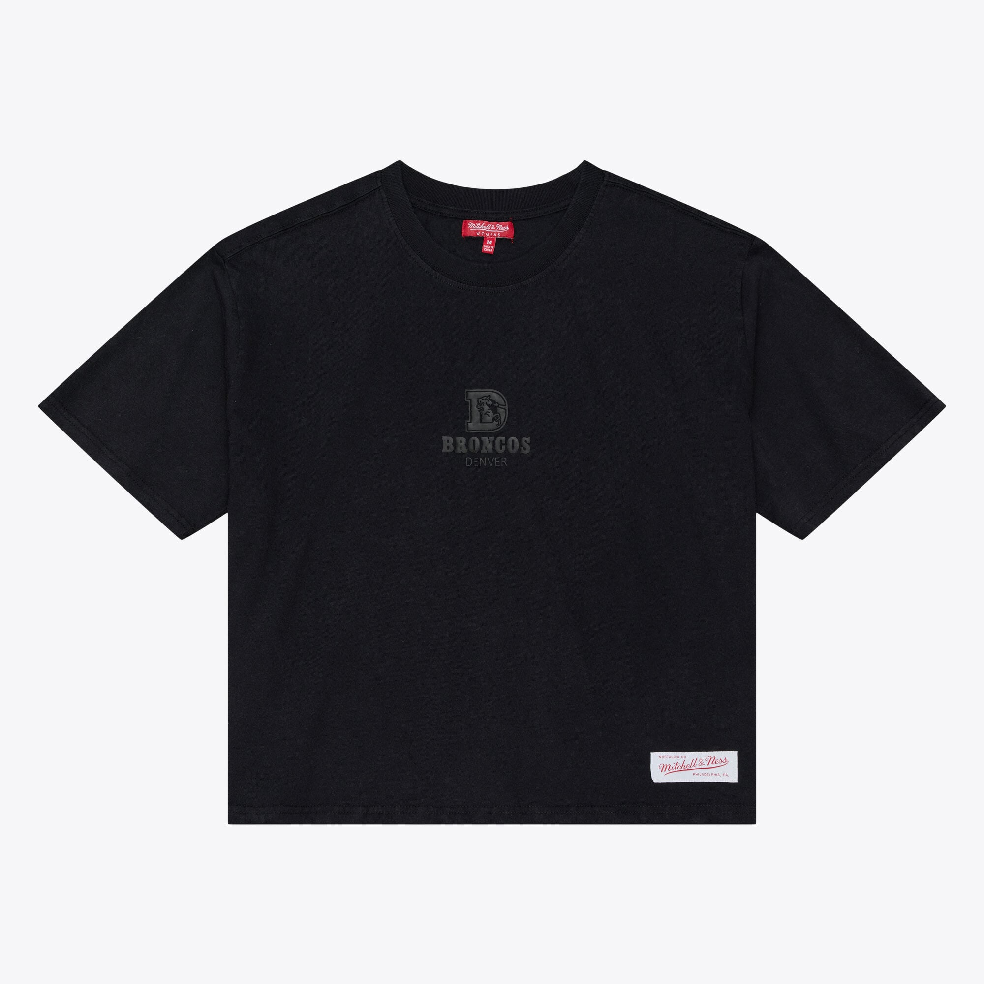 T-shirt court à logo micro noir Mitchell & Ness pour femme, motif Denver Broncos Core Essentials.