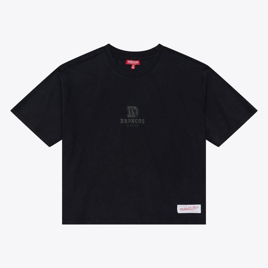 Women's Mitchell & Ness Black Denver Broncos Core Essentials Micro Logo Boxy Crop T-Shirt