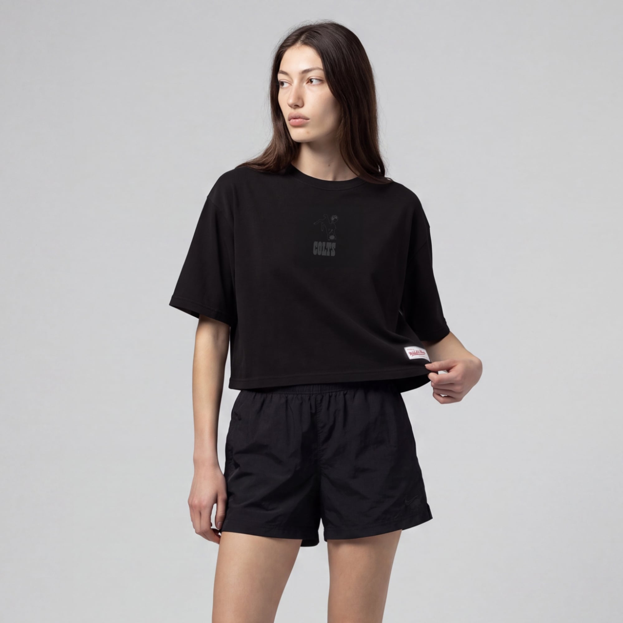 Women's Mitchell & Ness Black Indianapolis Colts Core Essentials Micro Logo Boxy Crop T-Shirt