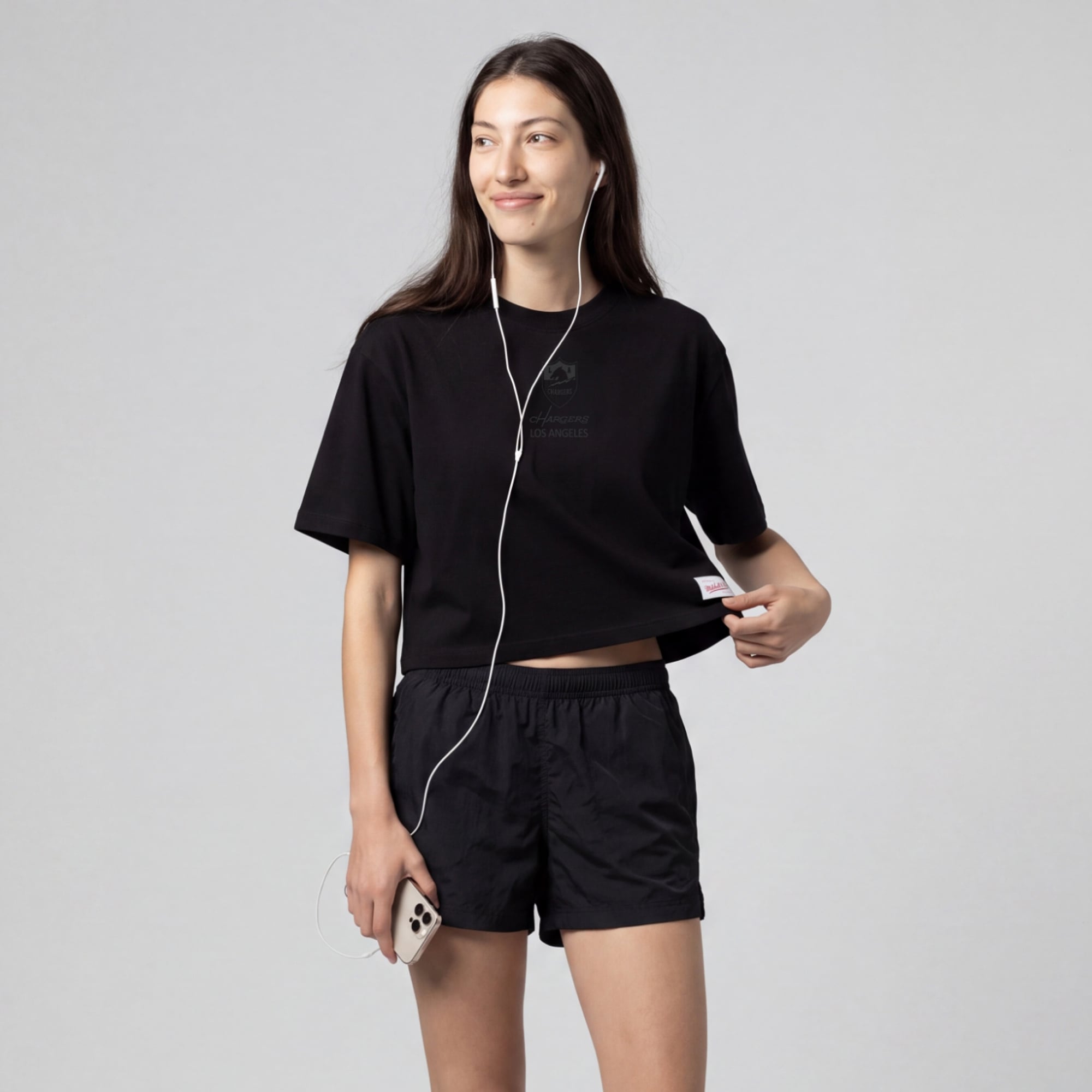 Women's Mitchell & Ness Black Los Angeles Chargers Core Essentials Micro Logo Boxy Crop T-Shirt