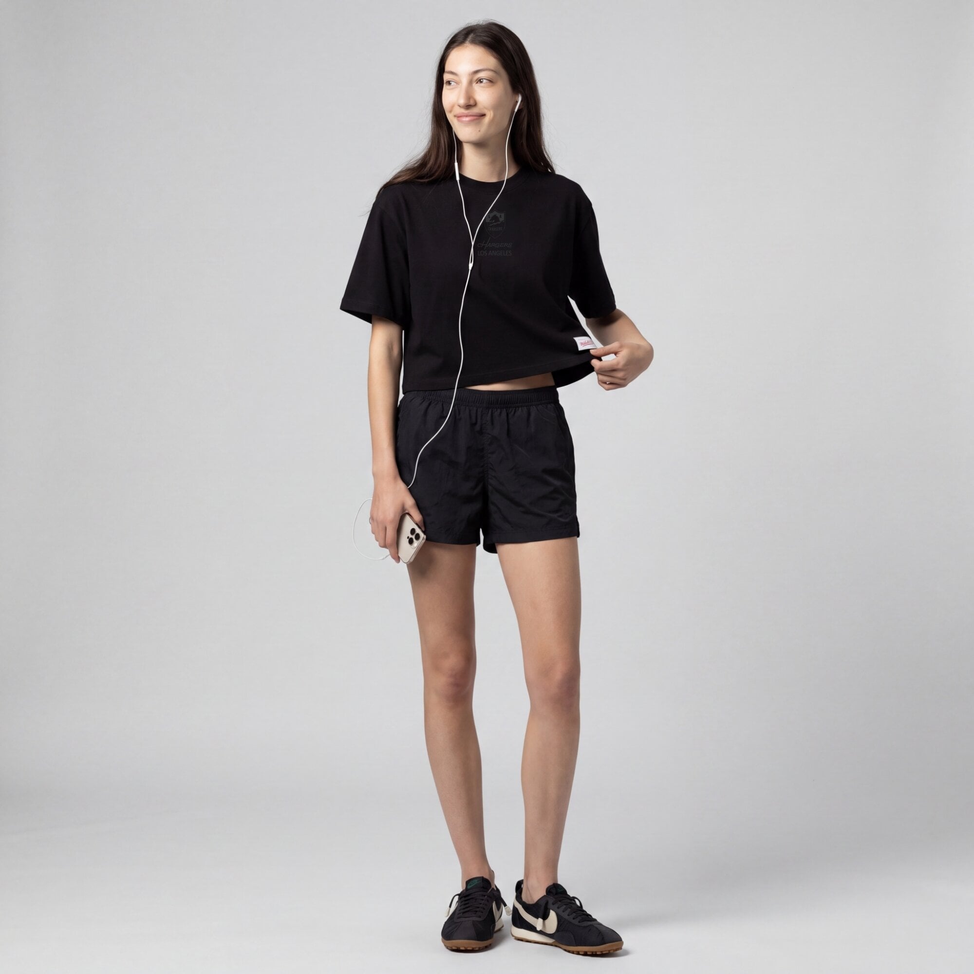 Women's Mitchell & Ness Black Los Angeles Chargers Core Essentials Micro Logo Boxy Crop T-Shirt