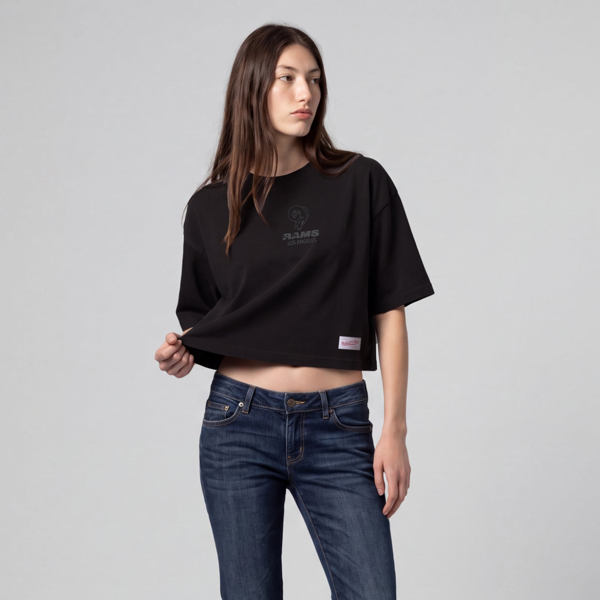 Women's Mitchell & Ness Black Los Angeles Rams Core Essentials Micro Logo Boxy Crop T-Shirt