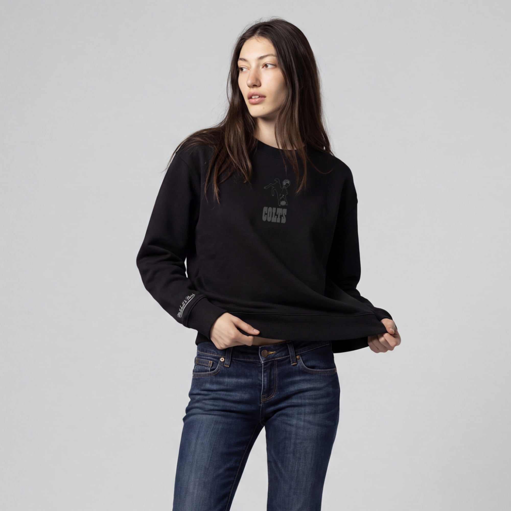 Sweat-shirt en polaire à micro-logo noir Mitchell & Ness pour femme, Indianapolis Colts Core Essentials.