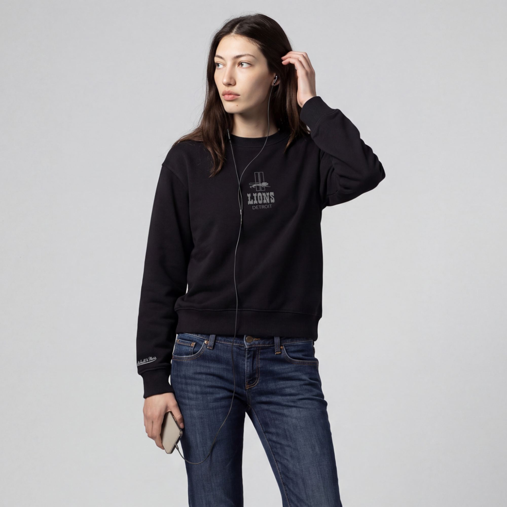Women's Mitchell & Ness Black Detroit Lions Core Essentials Micro Logo Fleece Sweatshirt