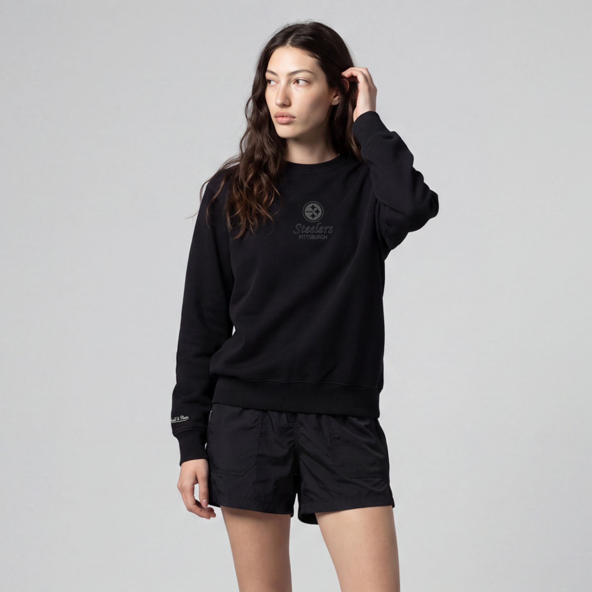 Women's Mitchell & Ness Black Pittsburgh Steelers Core Essentials Micro Logo Fleece Sweatshirt