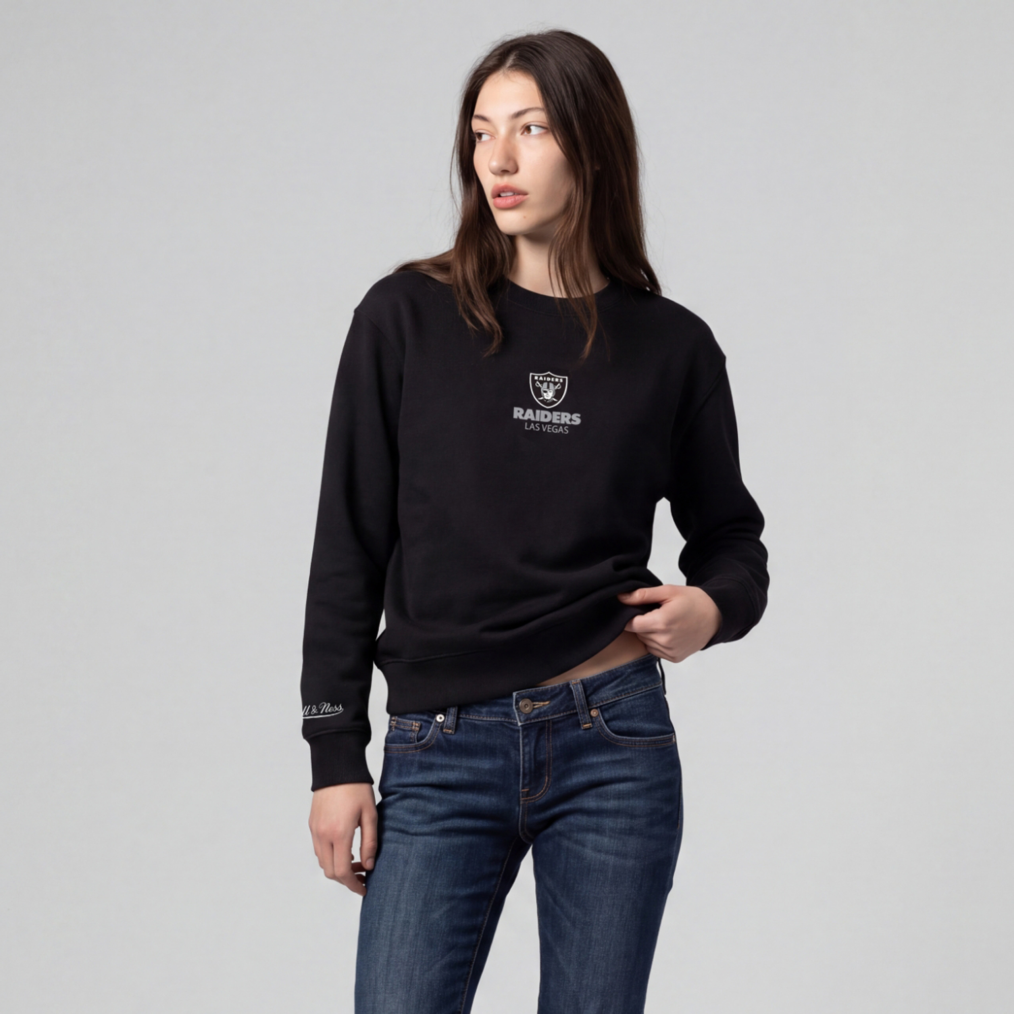 Women's Mitchell & Ness Black Las Vegas Raiders Core Essentials Micro Logo Fleece Sweatshirt