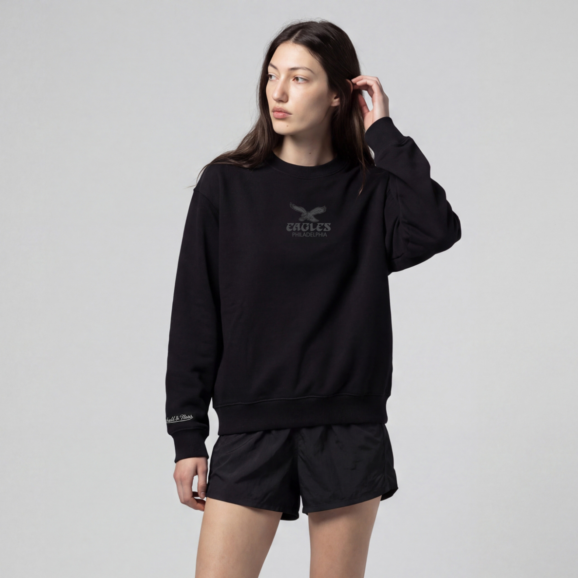 Women's Mitchell & Ness Black Philadelphia Eagles Core Essentials Micro Logo Fleece Sweatshirt