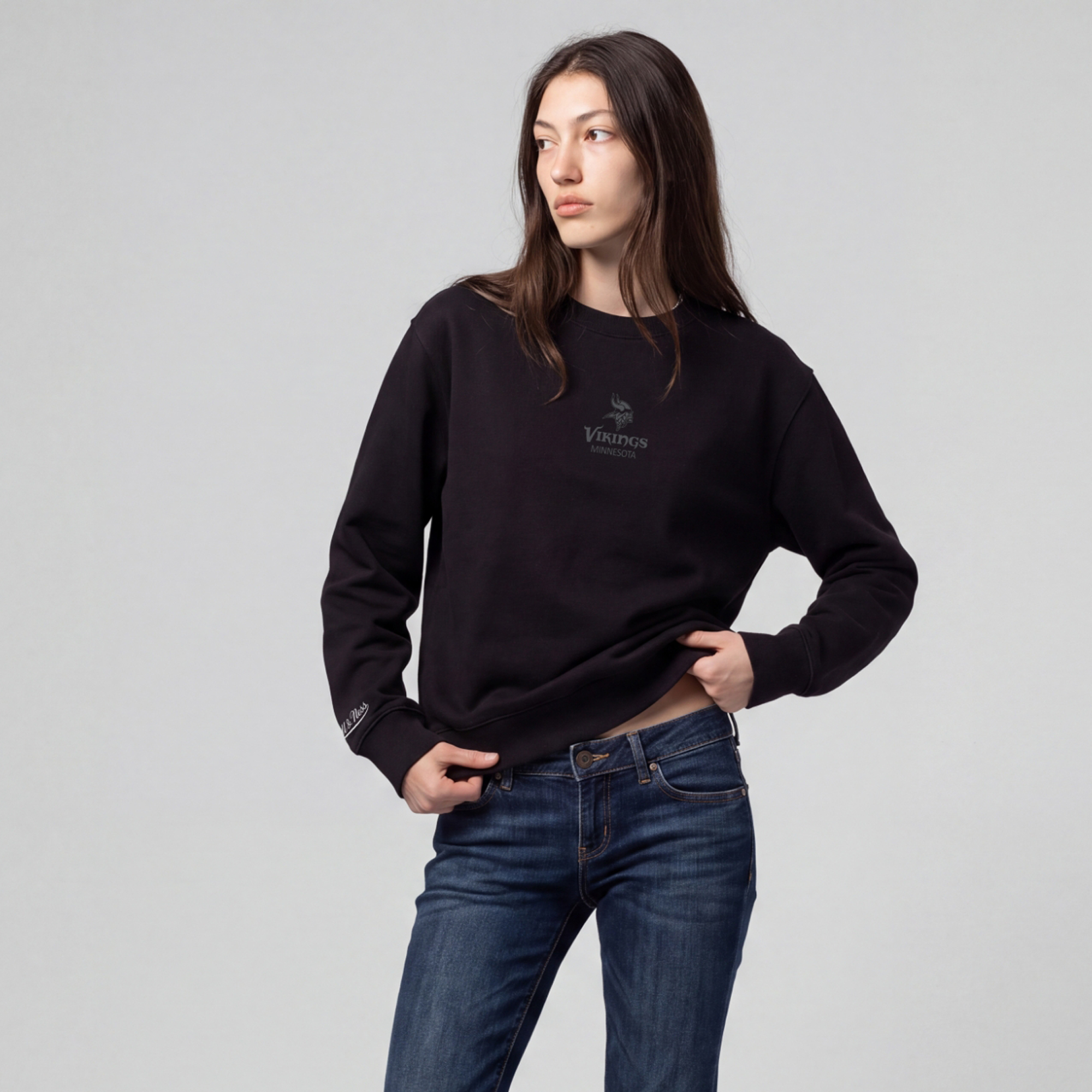 Women's Mitchell & Ness Black Minnesota Vikings Core Essentials Micro Logo Fleece Sweatshirt