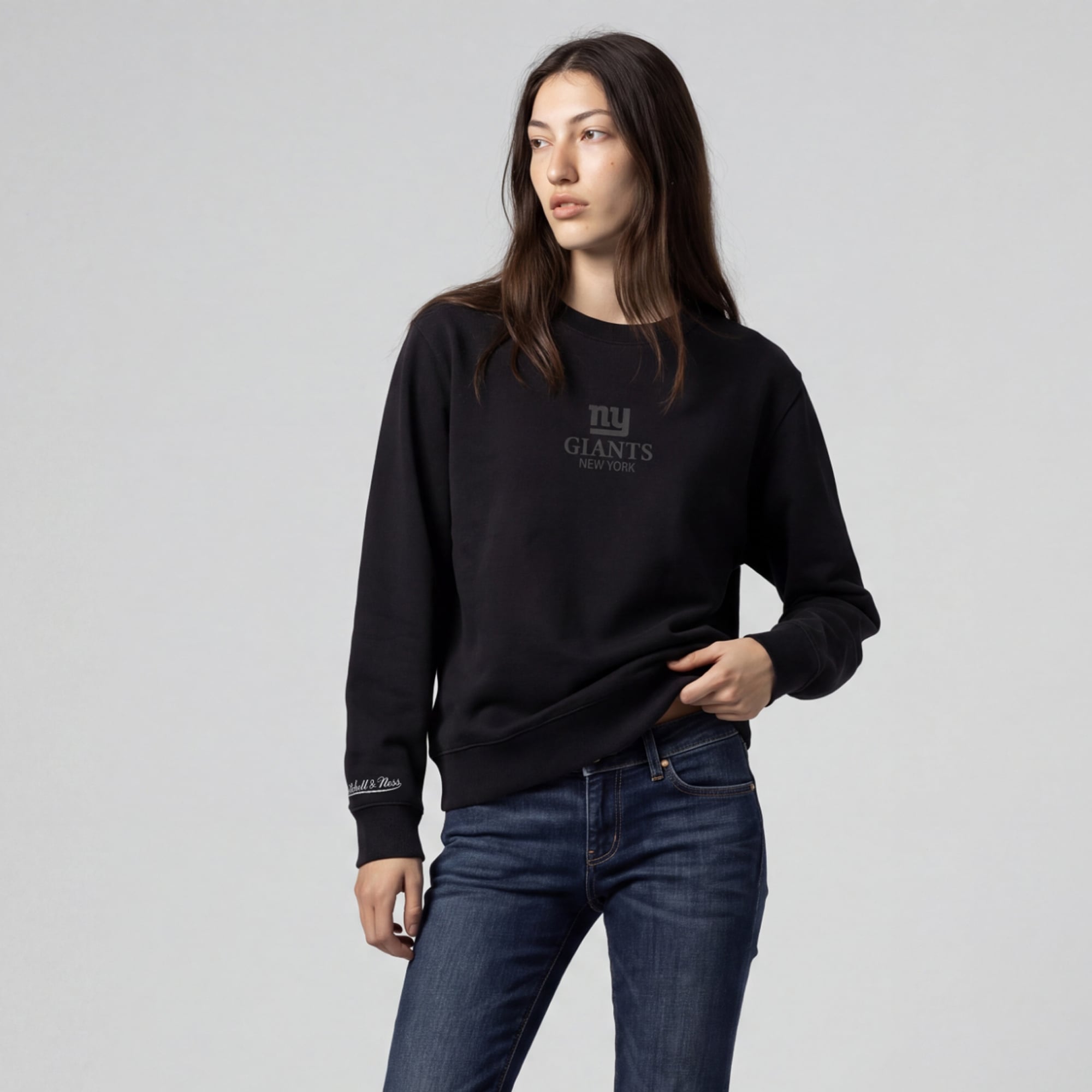 Women's Mitchell & Ness Black New York Giants Core Essentials Micro Logo Fleece Sweatshirt