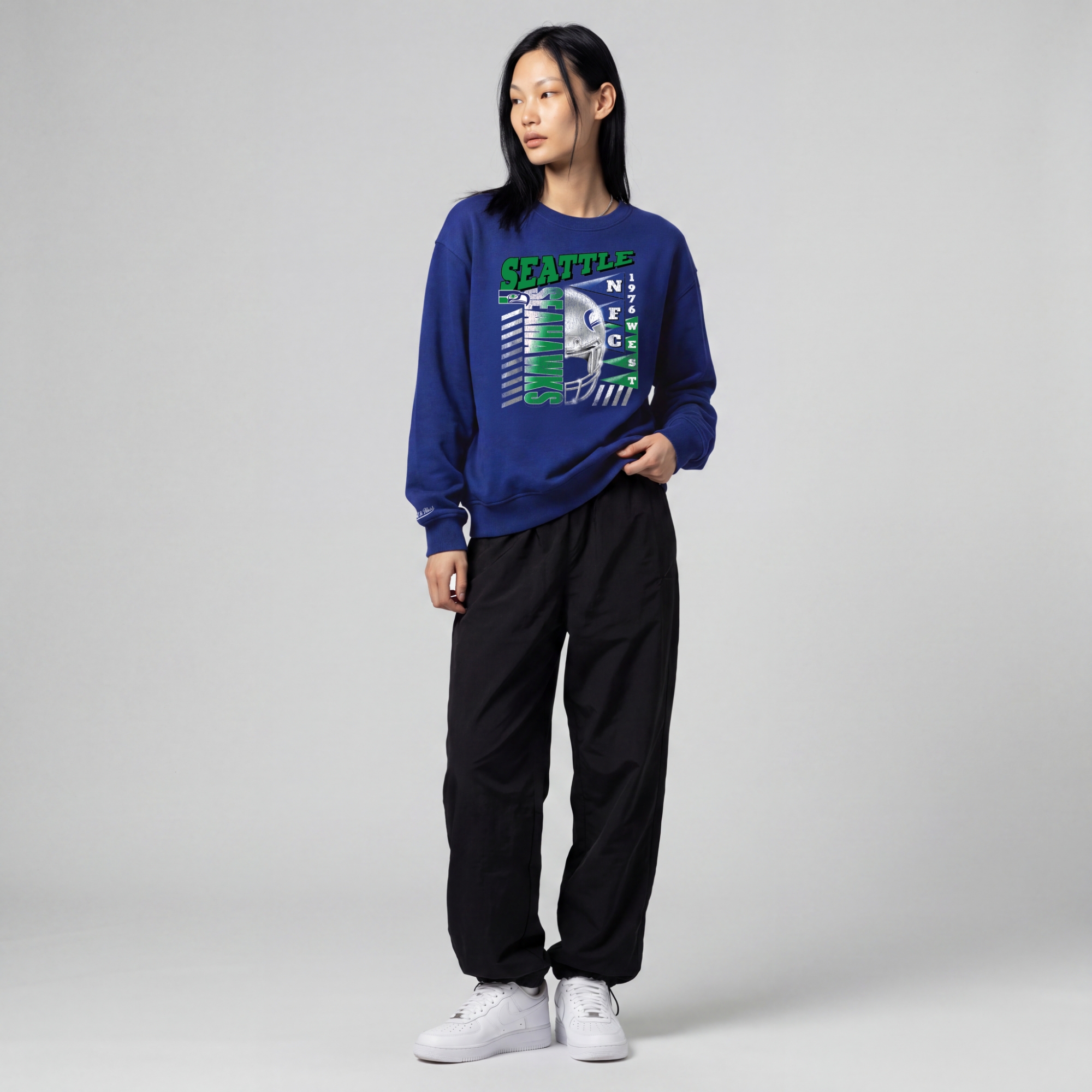 Women's Mitchell & Ness Royal Seattle Seahawks Street Graphic Crewneck Sweatshirt