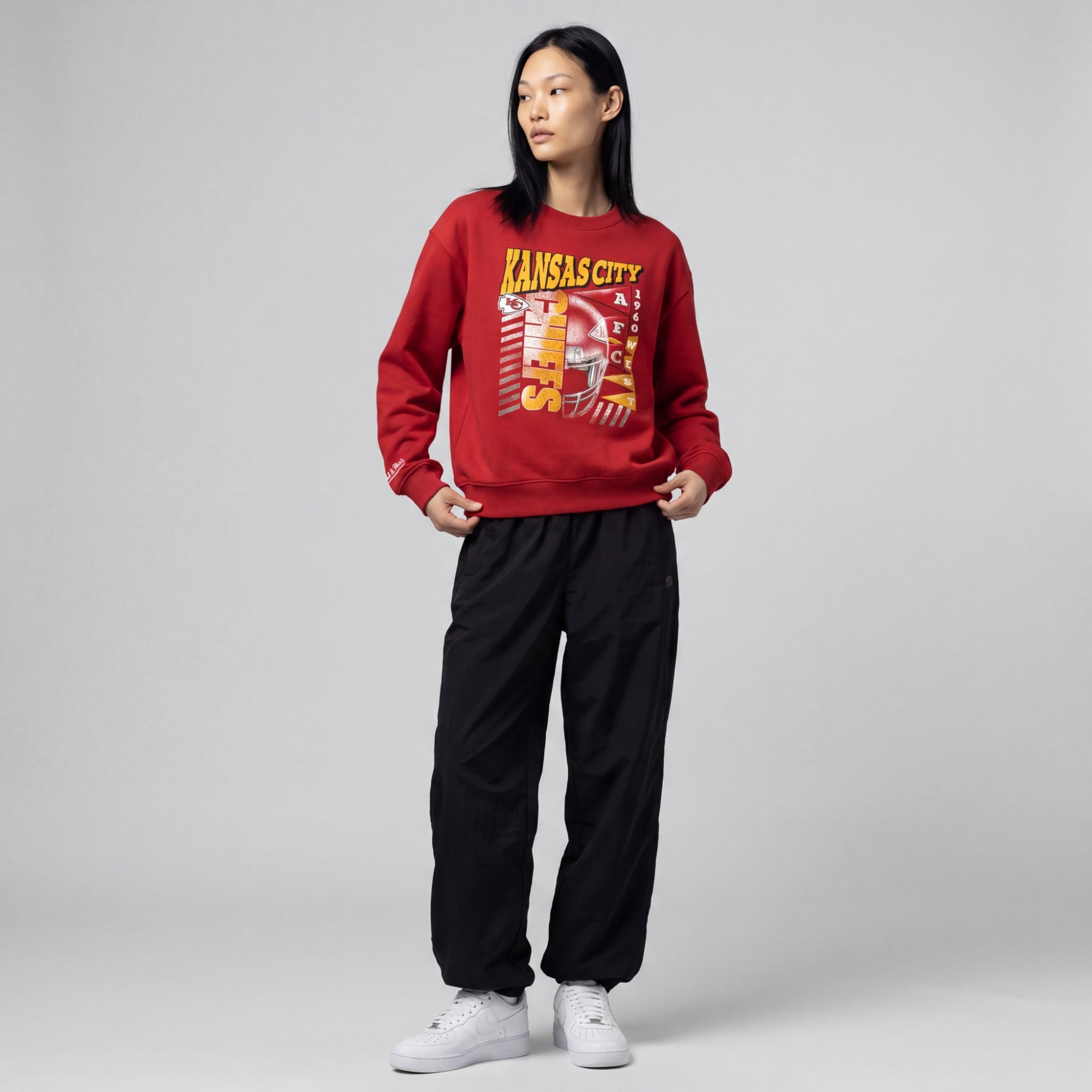 Sweat-shirt à col rond Mitchell & Ness rouge Kansas City Chiefs pour femme