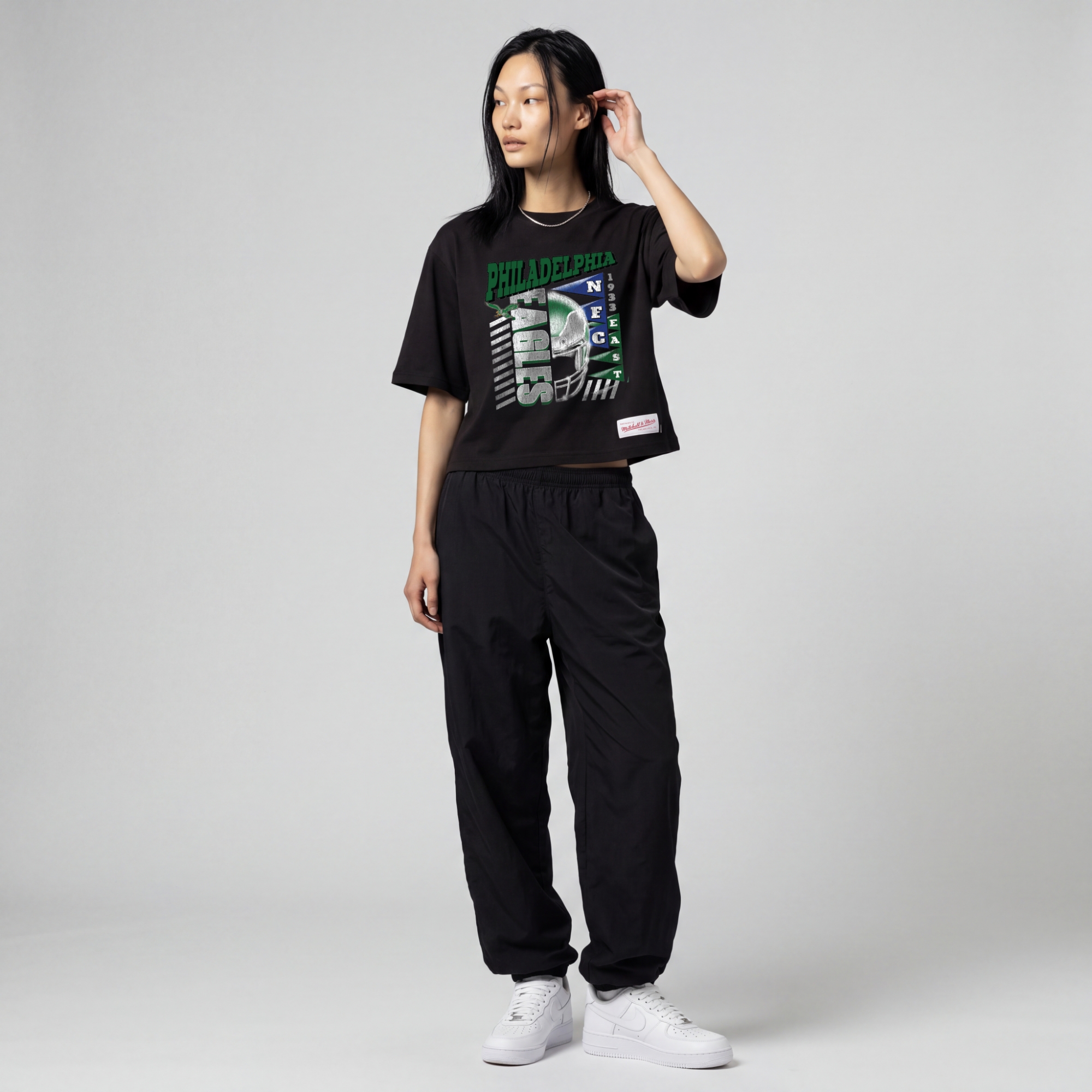 Women's Mitchell & Ness Black Philadelphia Eagles Street Graphic Boxy Cropped T-Shirt