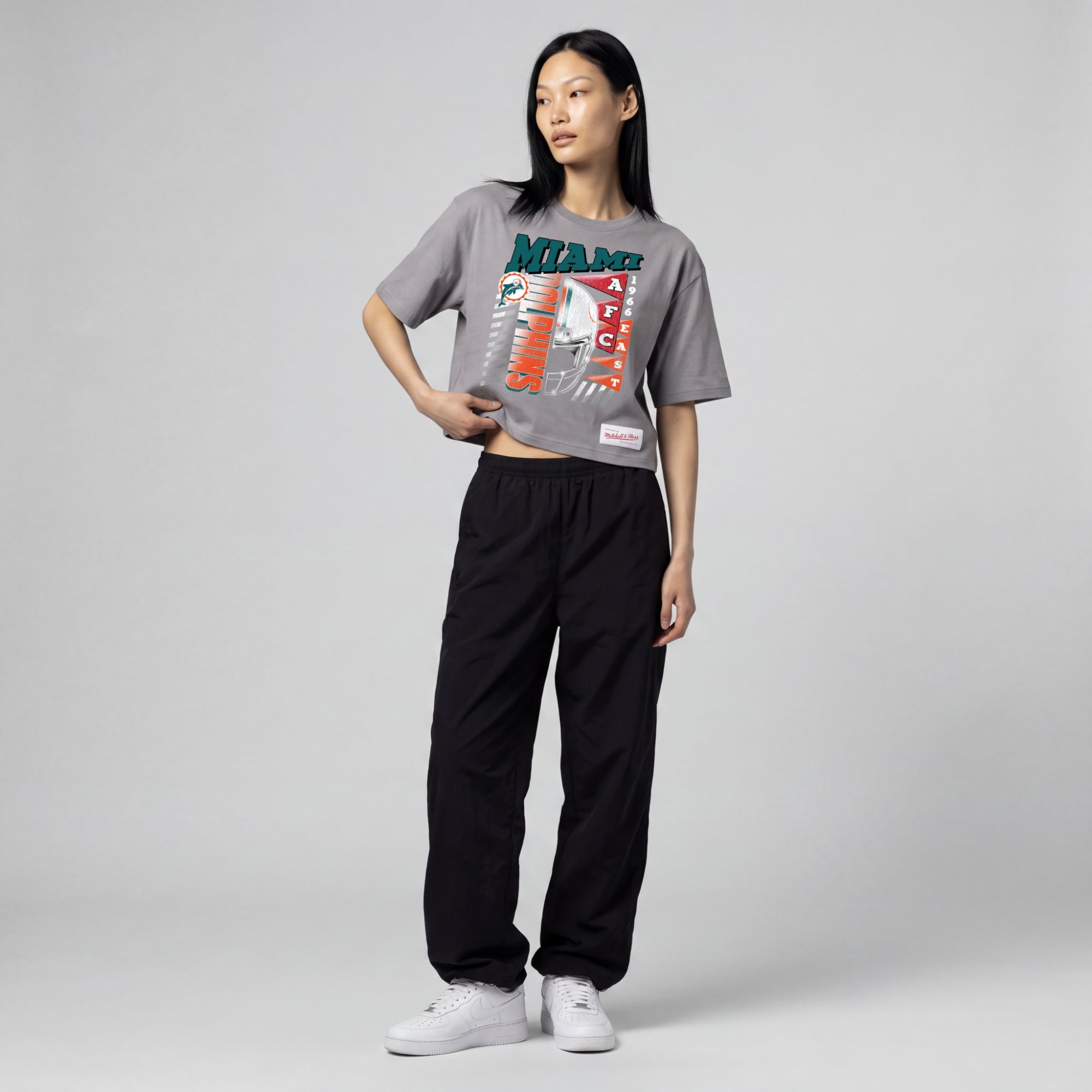 T-shirt court et carré à motif graphique urbain Mitchell & Ness pour femme, gris, Miami Dolphins