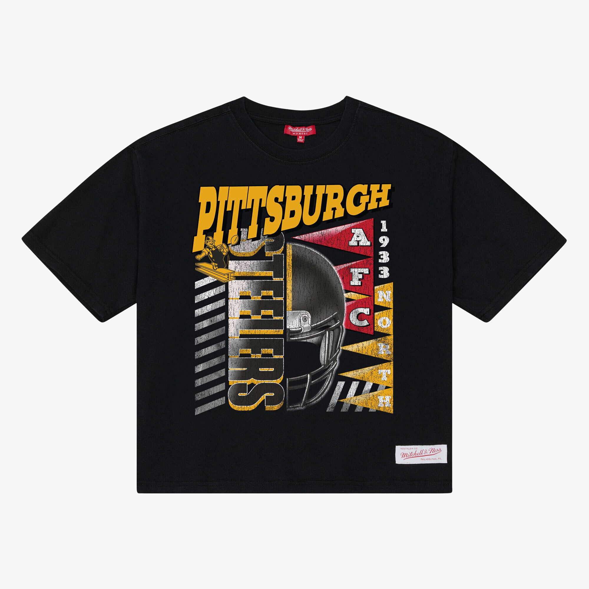 T-shirt court et carré Mitchell & Ness noir Pittsburgh Steelers pour femme