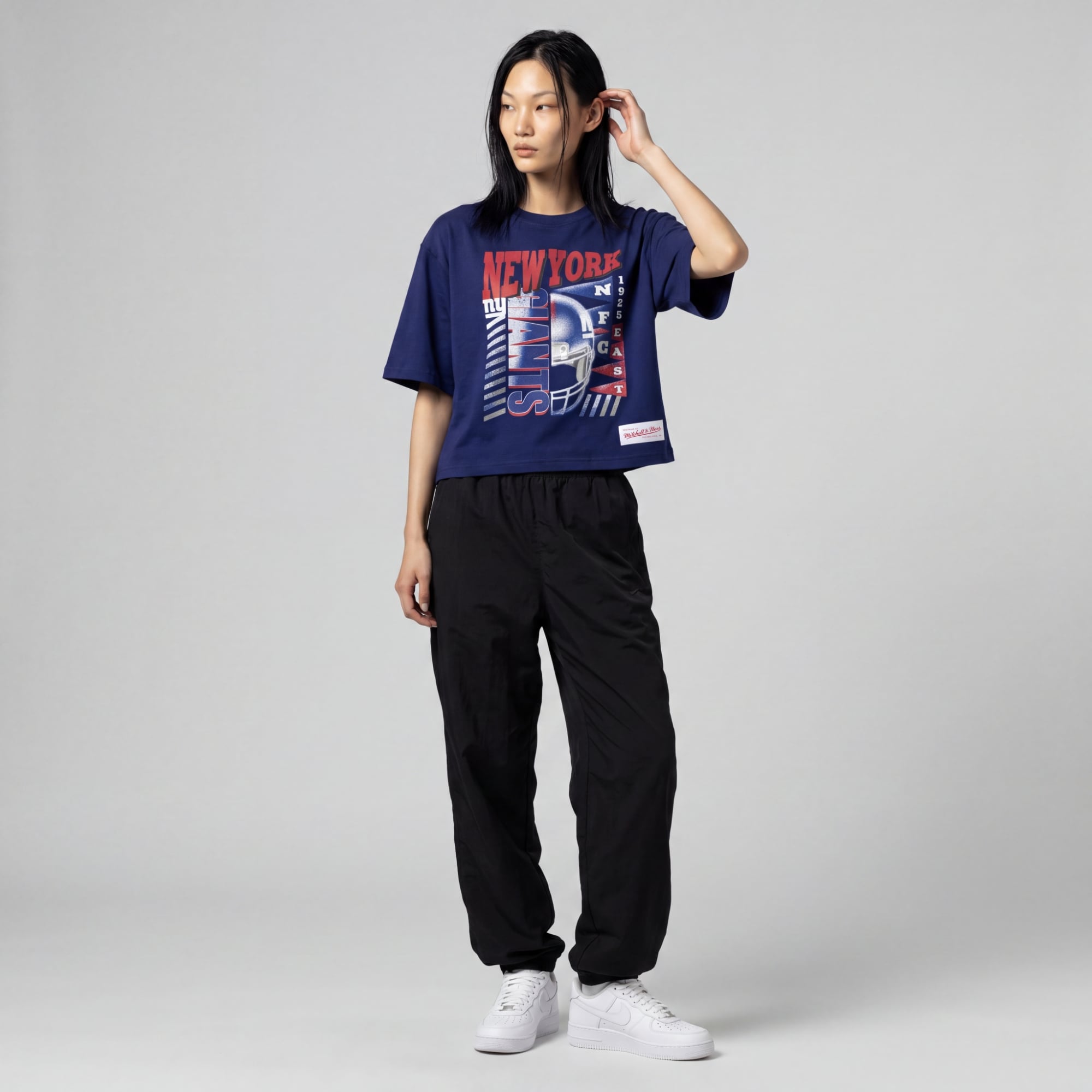 Women's Mitchell & Ness Royal New York Giants Street Graphic Boxy Cropped T-Shirt