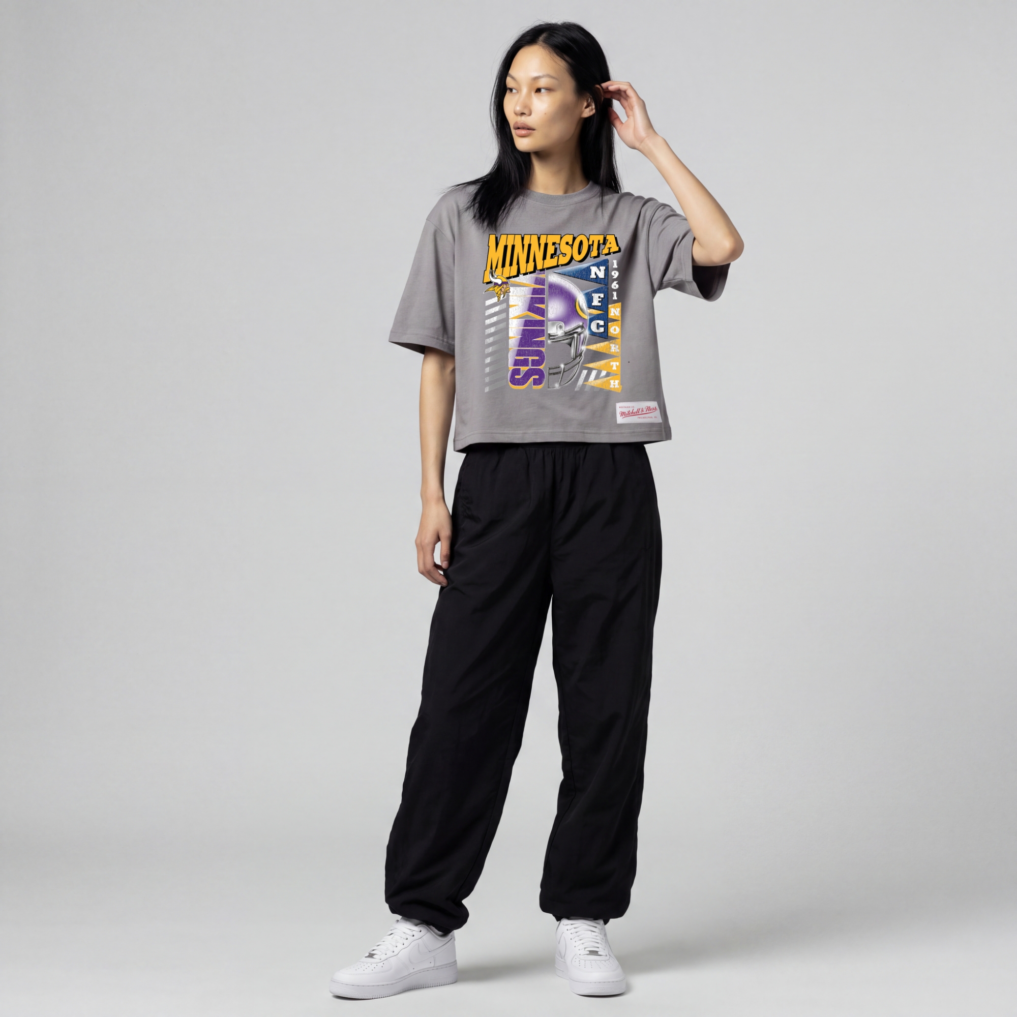 Women's Mitchell & Ness Gray Minnesota Vikings Street Graphic Boxy Cropped T-Shirt