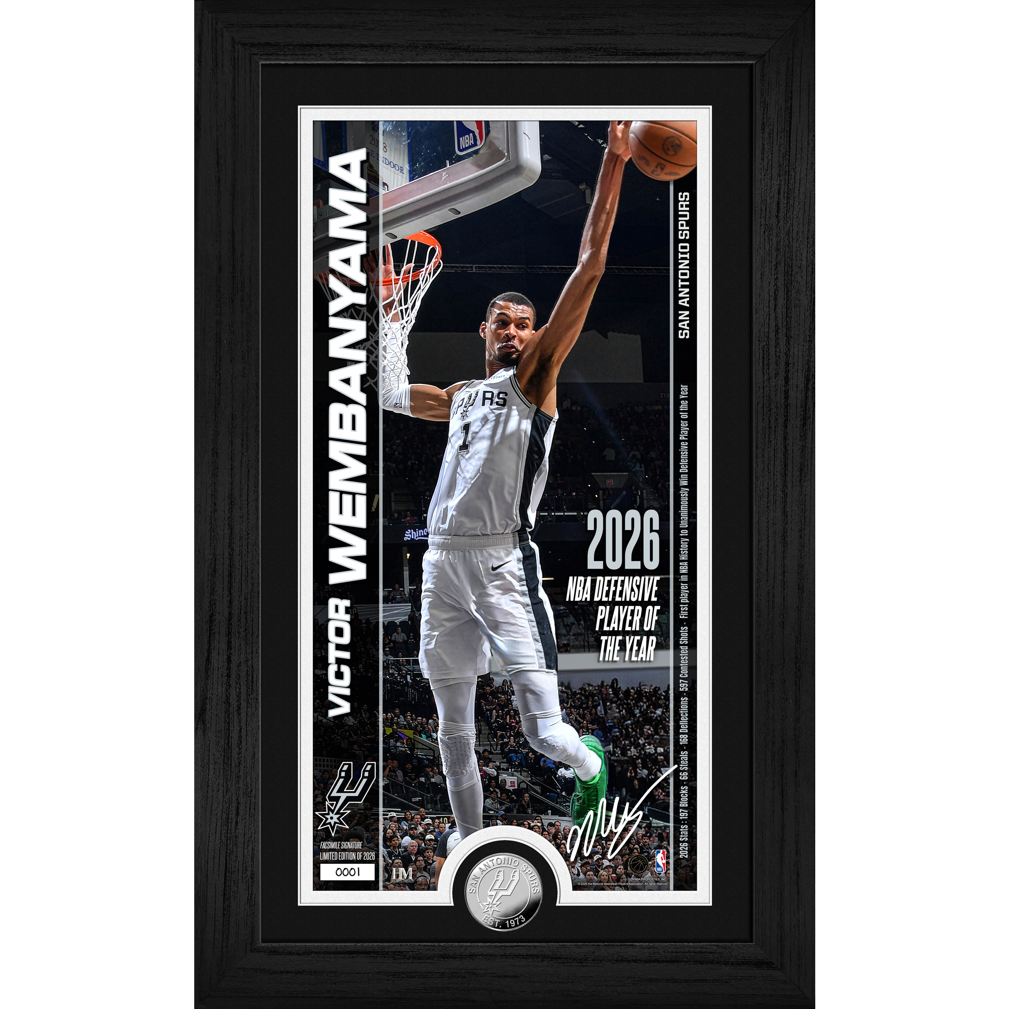 Victor Wembanyama San Antonio Spurs Highland Mint 2026 NBA Defensive Player of the Year 12" x 20" Silver Coin Pano Photo Mint