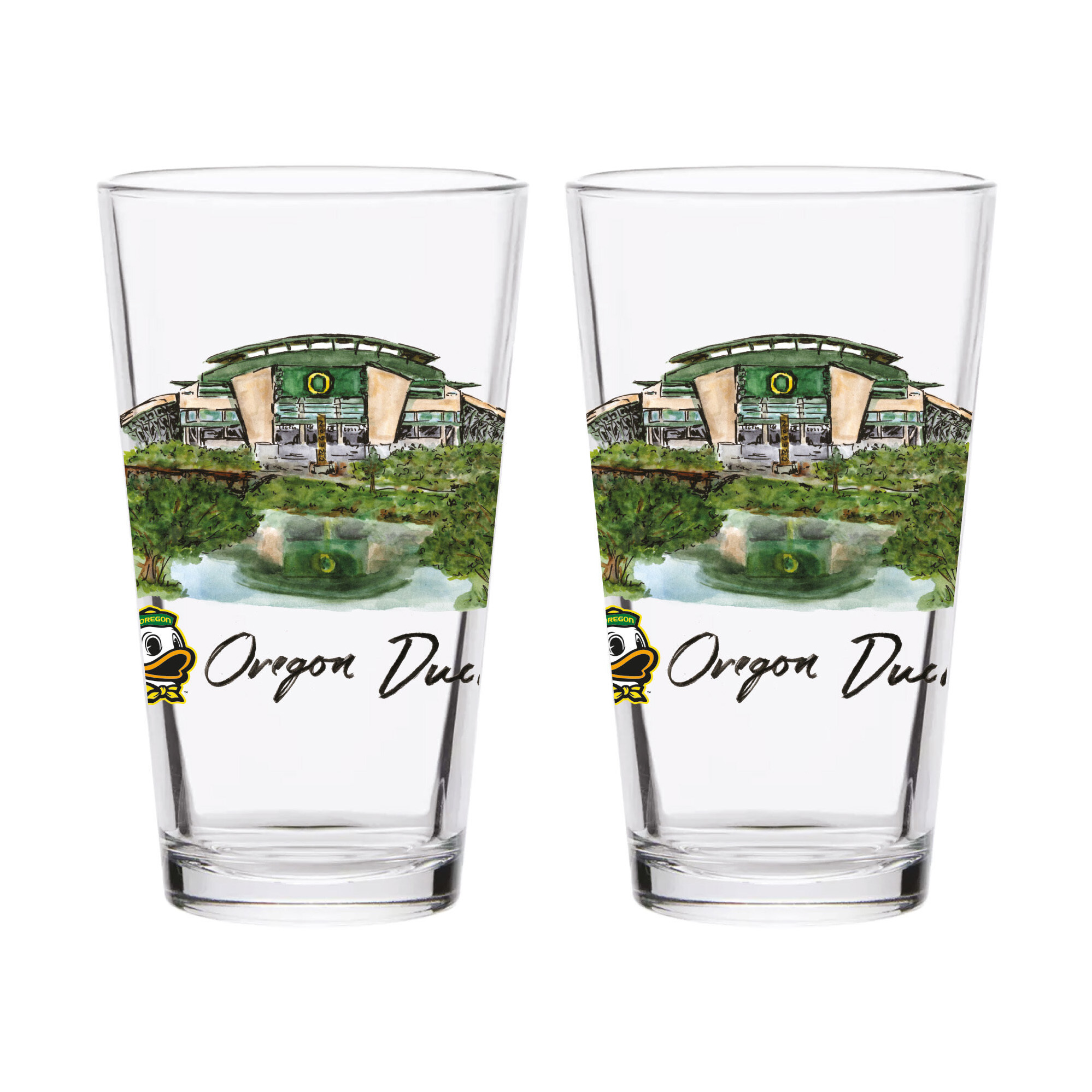 Indigo Falls  Oregon Ducks Laura Wilcox Mascot Pint Glass Set of 2