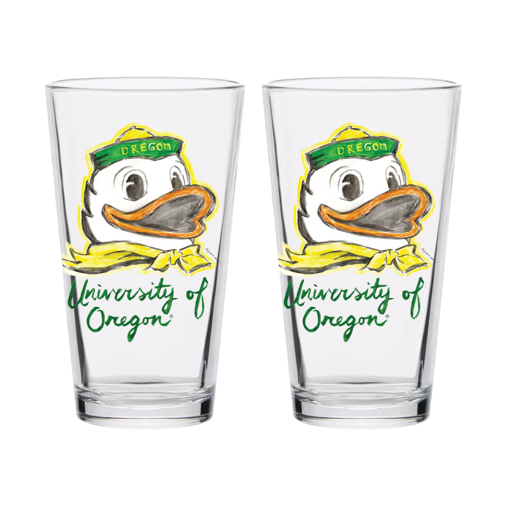 Indigo Falls  Oregon Ducks Laura Wilcox Mascot Pint Glass Set of 2