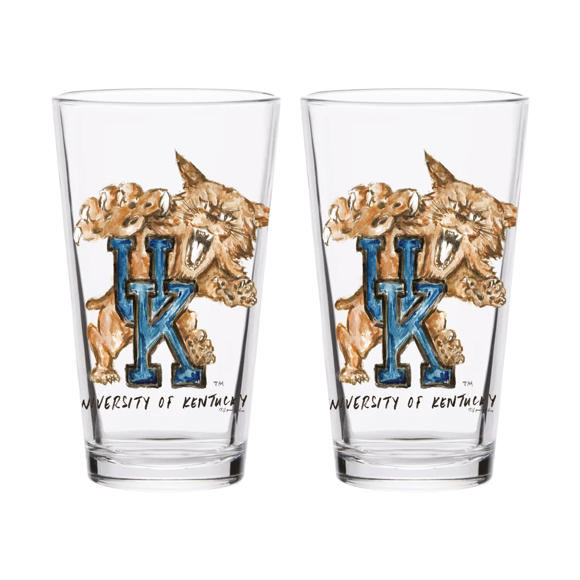 Indigo Falls  Kentucky Wildcats Laura Wilcox Mascot Pint Glass Set of 2