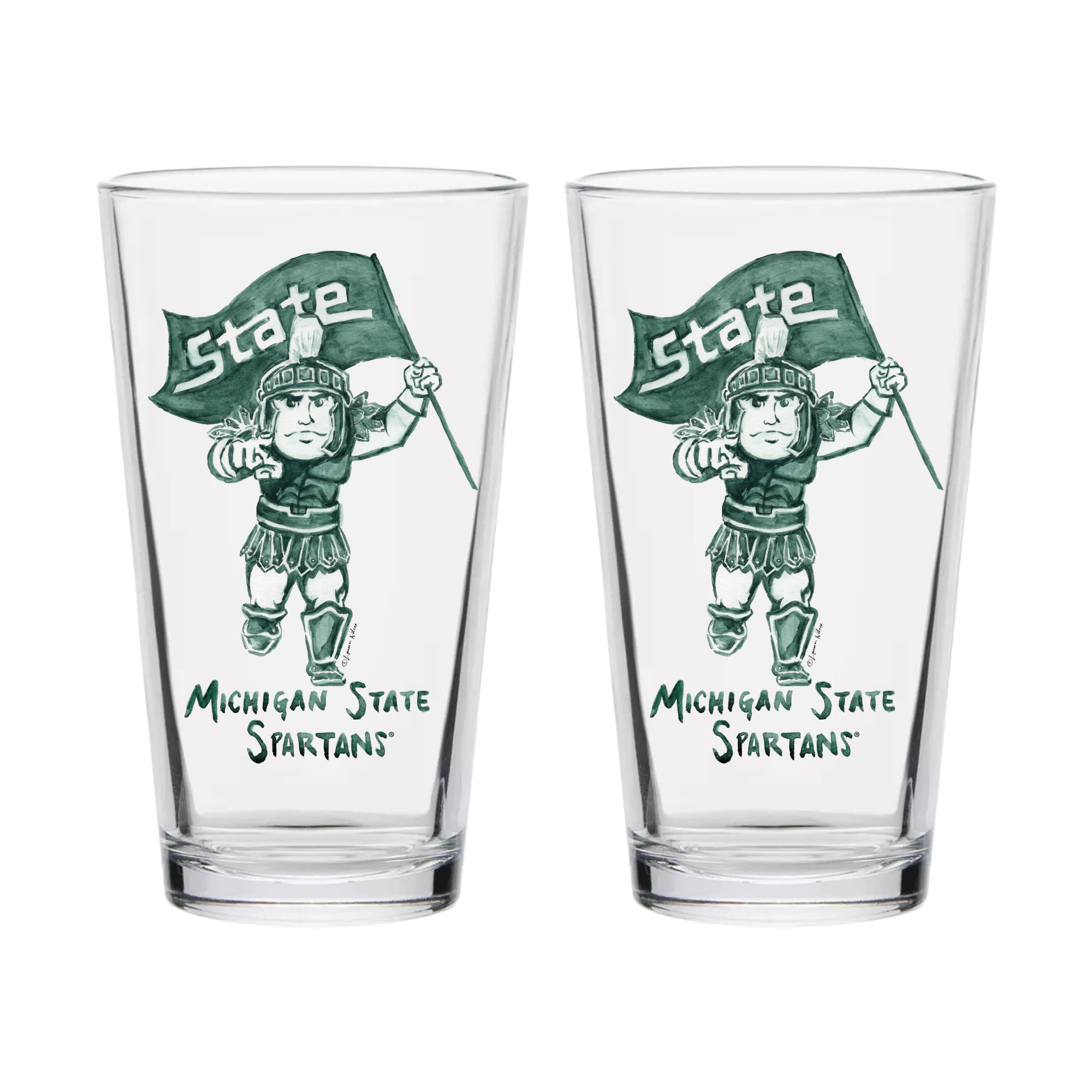 Indigo Falls  Michigan State Spartans Laura Wilcox Mascot Pint Glass Set of 2
