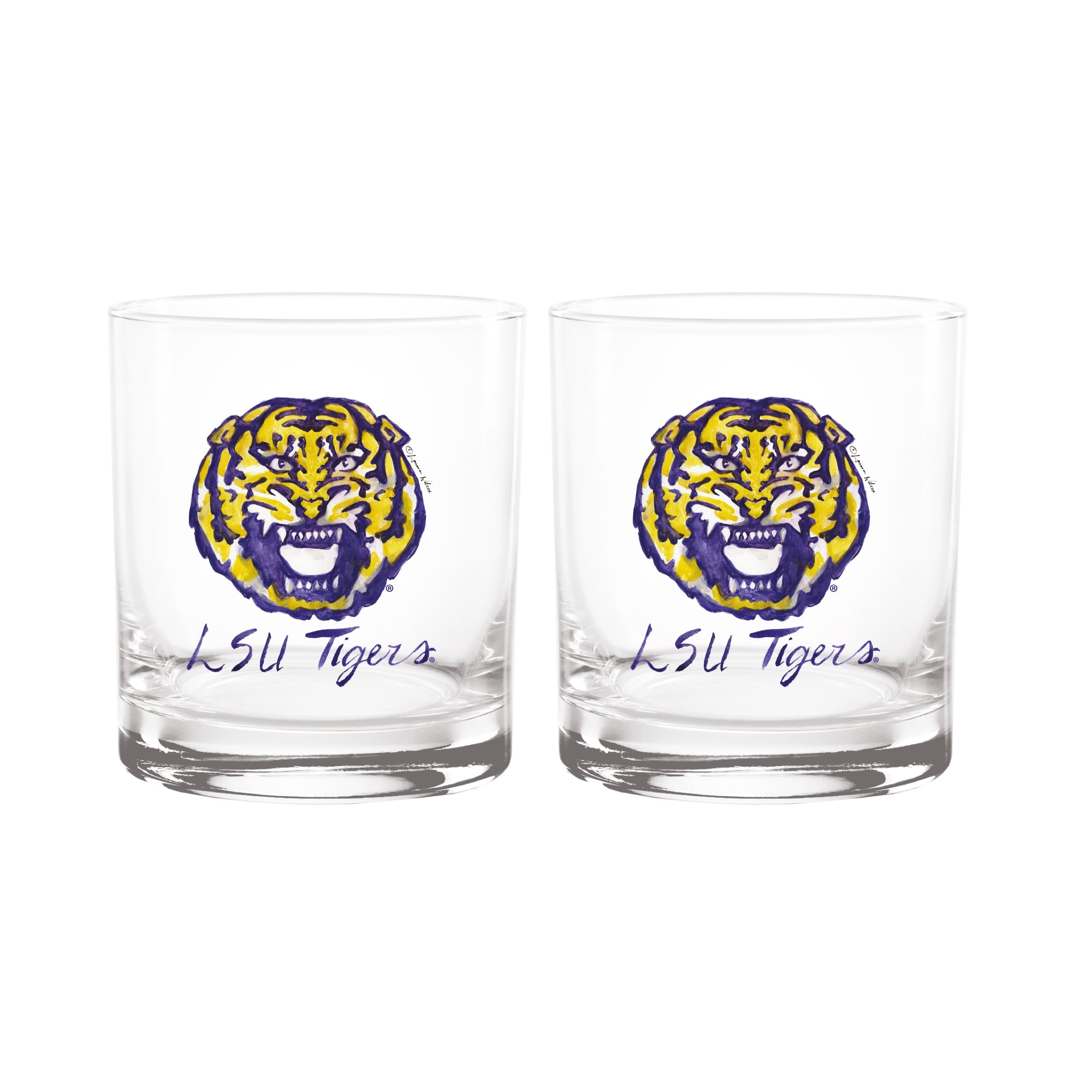 Indigo Falls  LSU Tigers Laura Wilcox Mascot Rocks Glass Set of 2