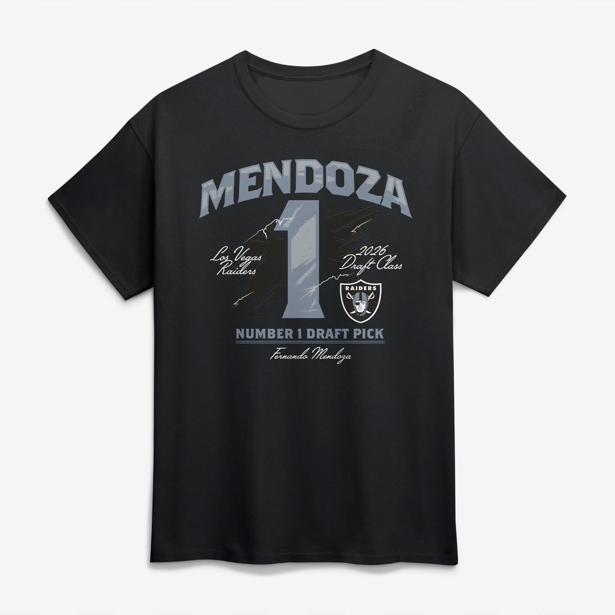 Men's Fanatics Fernando Mendoza Black Las Vegas Raiders Number 1 Draft Pick T-Shirt