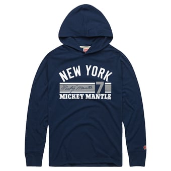 Men's Homage Mickey Mantle Navy New York Yankees Cooperstown Collection Signature Name & Number Long Sleeve Tri-Blend Hooded T-Shirt