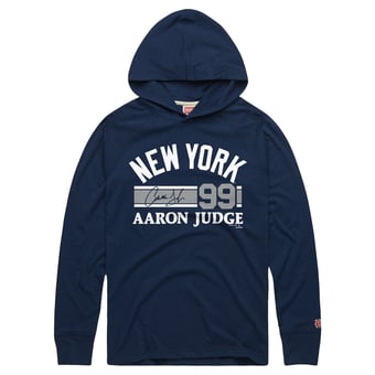 Men's Homage Aaron Judge Navy New York Yankees Cooperstown Collection Signature Name & Number Long Sleeve Tri-Blend Hooded T-Shirt