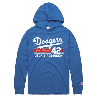 Men's Homage Jackie Robinson Royal Brooklyn Dodgers Cooperstown Collection Signature Name & Number Long Sleeve Tri-Blend Hooded T-Shirt