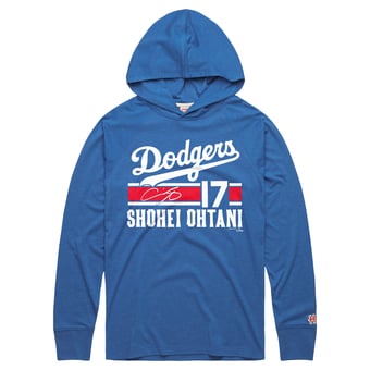 Men's Homage Shohei Ohtani Royal Los Angeles Dodgers Cooperstown Collection Signature Name & Number Long Sleeve Tri-Blend Hooded T-Shirt