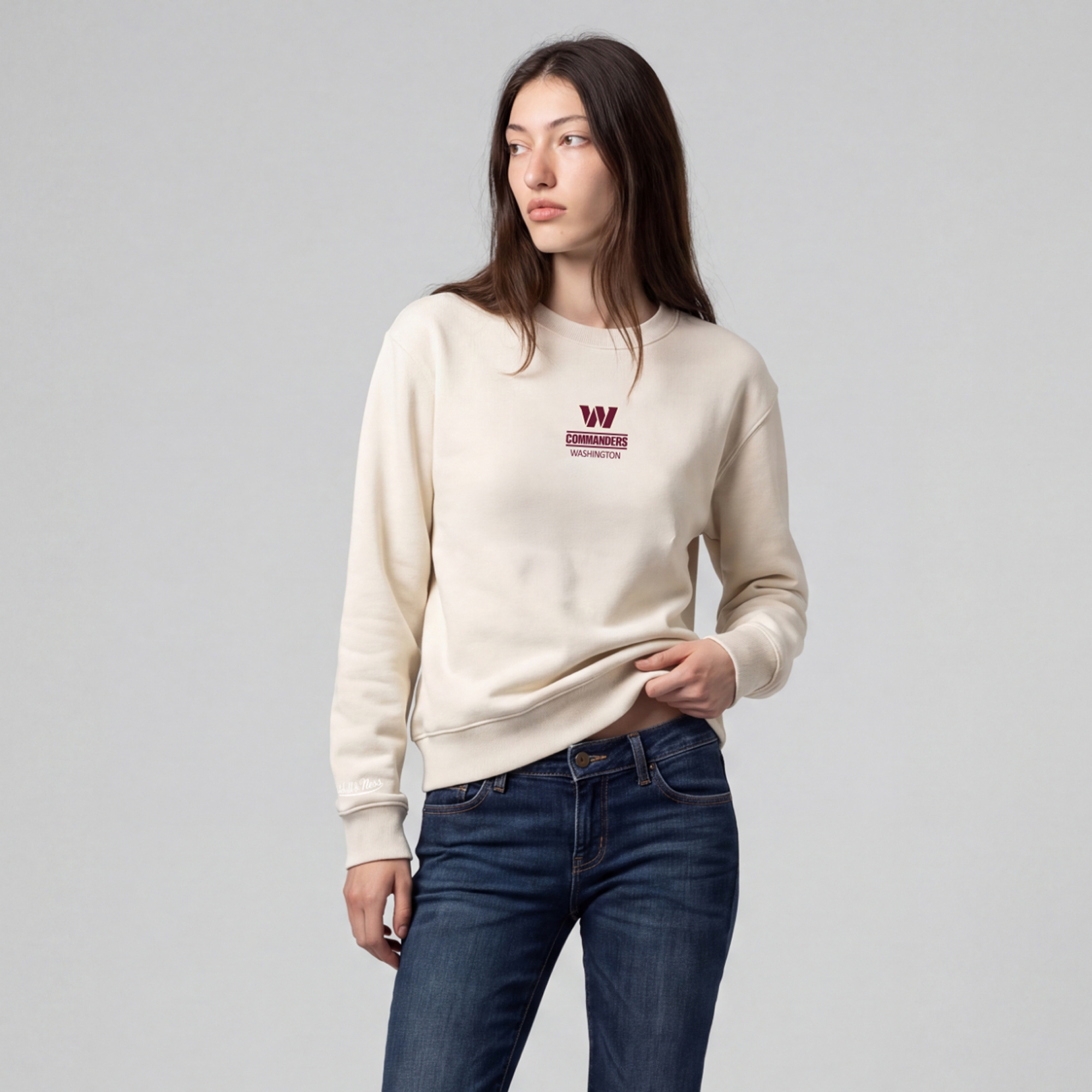 Women's Mitchell & Ness Cream Washington Commanders Core Essentials Micro Logo Fleece Sweatshirt