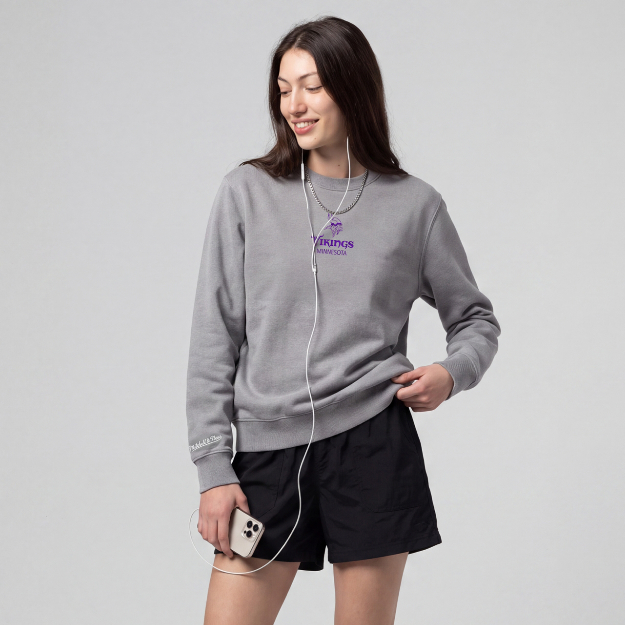 Women's Mitchell & Ness Gray Minnesota Vikings Core Essentials Micro Logo Fleece Sweatshirt