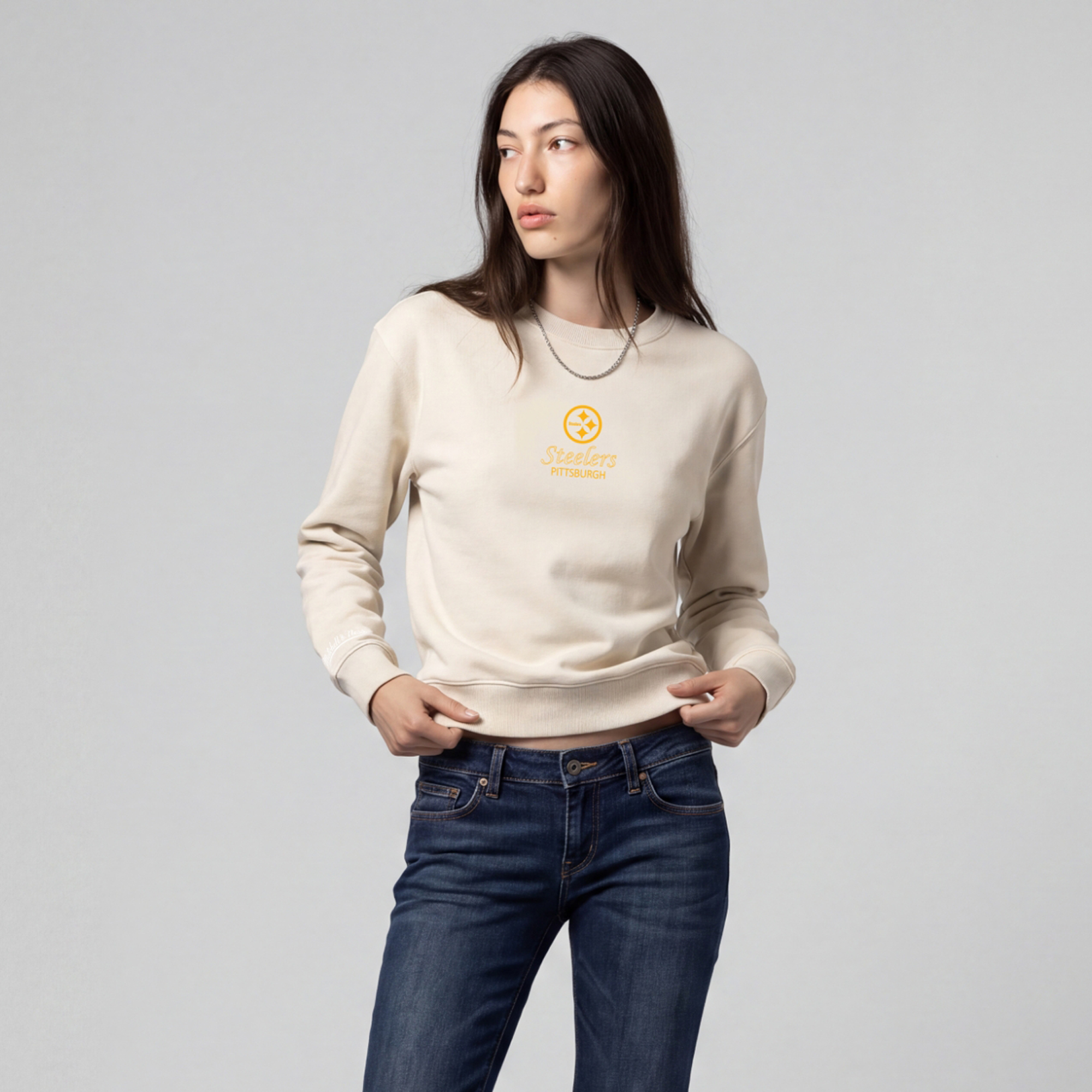 Women's Mitchell & Ness Cream Pittsburgh Steelers Core Essentials Micro Logo Fleece Sweatshirt